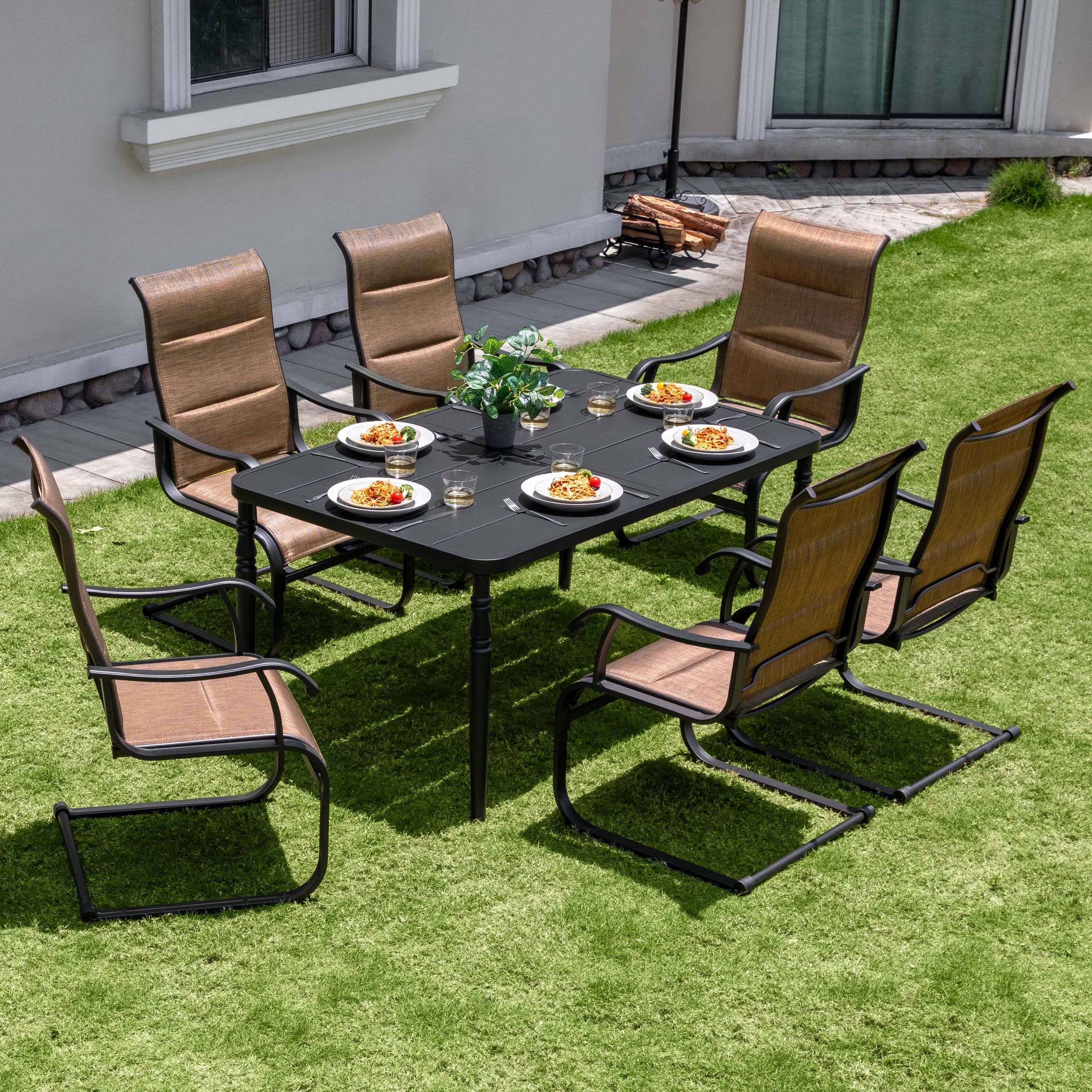 Angle. Nuu Garden - Patio 7-Piece Dining Table Set with Umbrella Hole and Textilene Chairs - Brown and Black.
