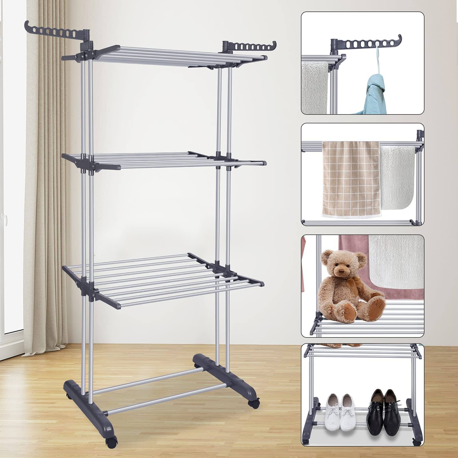 Alt View 2. Hirose Alice - Bigzzia Clothes Drying Rack Folding Drying Rack Clothing 4 Tier Clothes Horses Rack Stainless Steel Laundry - Grey White 4 Tier.