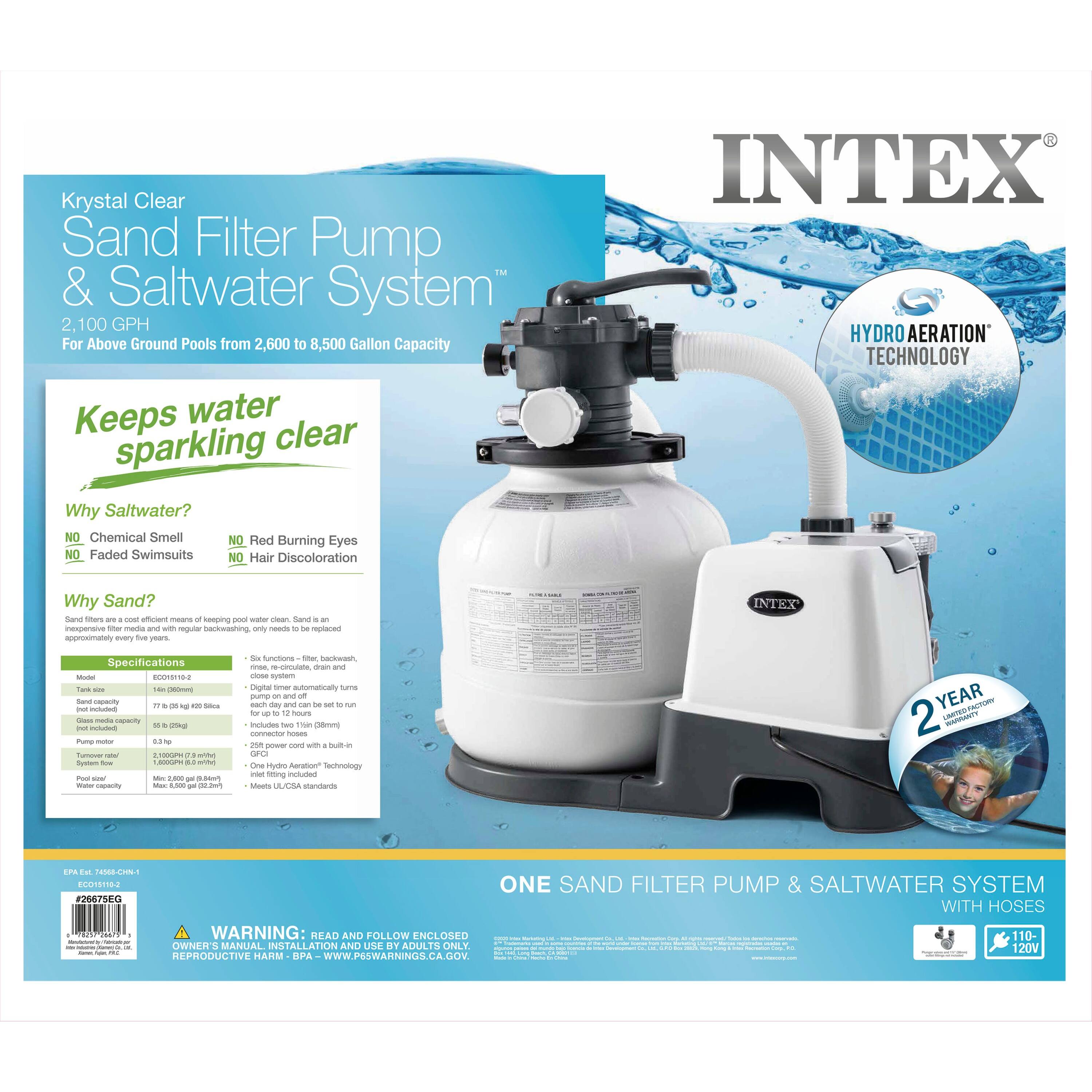 The text on the image is grouped and corrected as follows:

"Krystal Clear Sand Filter Pump & Saltwater System 2,100 GPH For Above Ground Pools from 2,600 to 8,500 Gallon Capacity Keeps water sparkling clear INTEX HYDRO AERATION TECHNOLOGY Why Saltwater? NO Chemical Smell NO Faded Swimsuits NO Red Burning Eyes NO Hair Discoloration Why Sand? Sard - - unfcant - kirs - - - Sane nsporatus - - - - reqular Itoeshinp -t - pa - every fue i INTEX Specifications - ...... - - -m | - copacty - ein - - at    - UMB - - - - T0UP es - dumom - - .. - - - - i - -  - -  So C - - - - crsn ae I -re Cagta - autoratially - sump - on nh my - -- - - for - - inclaatos - ThA chrs commciON - us - cord - - GRU One do Aeratont Technology - - nohated - A stardtars YEAR FA 2 TES - i - - EL2 ONE SAND FILTER PUMP & SALTWATER SYSTEM P24SEG WITH HOSES WARNING READ AND FOLLOW ENCLOSE 110- : : OWNERS MANUAL INSITALLATION AN UA fe ADRERTS ONLY 120V REPRODUCTIVE HARM RPA WW.PISWARNINGS.CA.GOV"