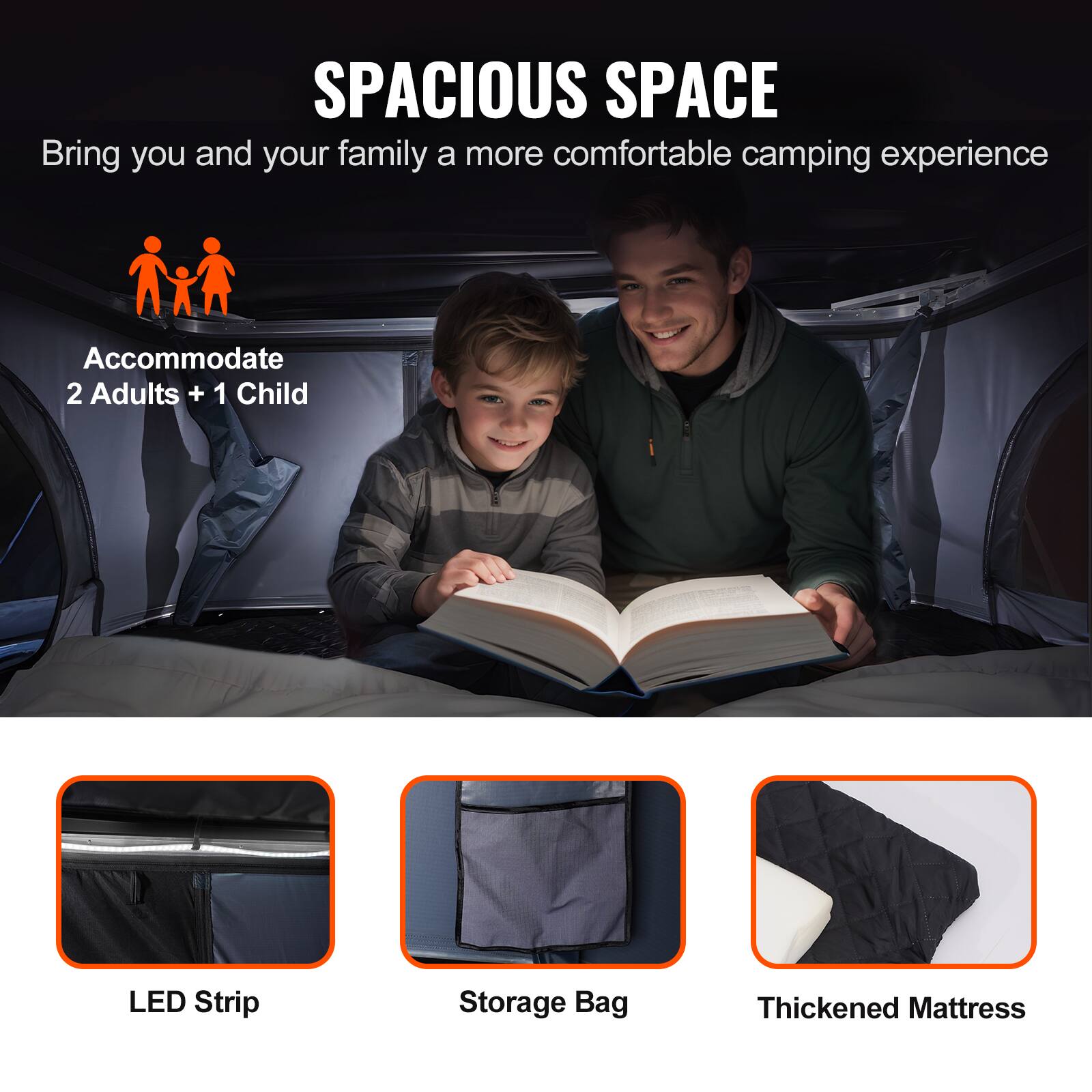SPACIOUS SPACE
Accommodate 2 Adults + 1 Child
LED Strip
Storage Bag
Thickened Mattress
Bring you and your family a more comfortable camping experience