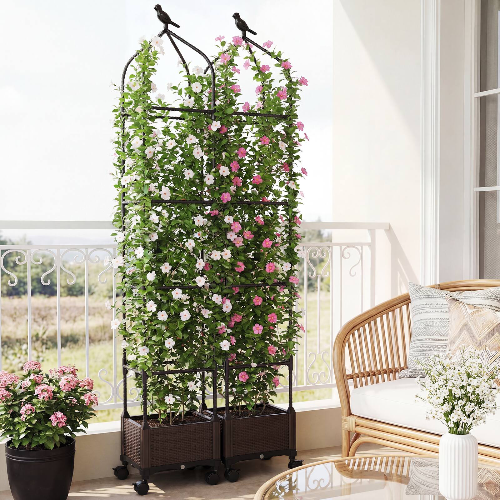 Alt View 3. Costway - 1 PCS Raised Garden Bed Tomato Cage Planter Box with PE-Coated Metal Trelli Wheels - Black.
