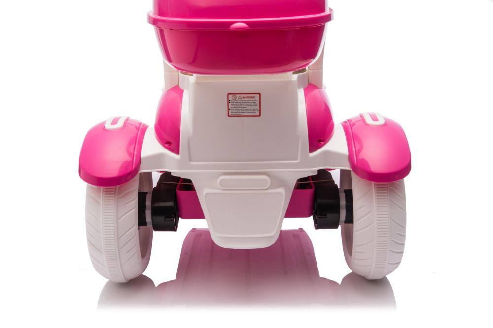 Angle. BreeBe - 12V Kids Electric Motorcycle, 3-Wheel Ride On Scooter w/ USB, Bluetooth, Lights, Storage, Dual Motor, 2 Seats, Ages 3+ - Rose.