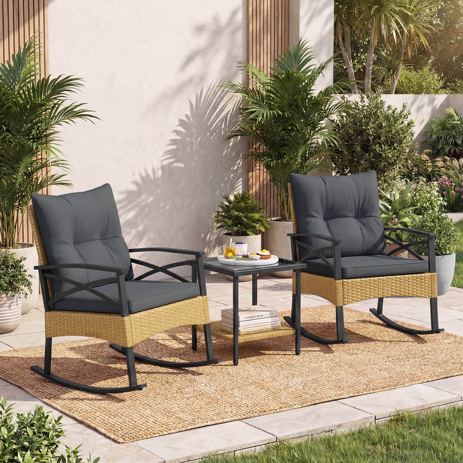 Costway - 3-Piece Rattan Rocking Bistro Set with Tempered Glass Tabletop & Cushions for Porch - Natural + Gray