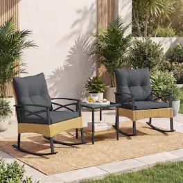 Costway - 3-Piece Rattan Rocking Bistro Set with Tempered Glass Tabletop & Cushions for Porch - Natural + Gray
