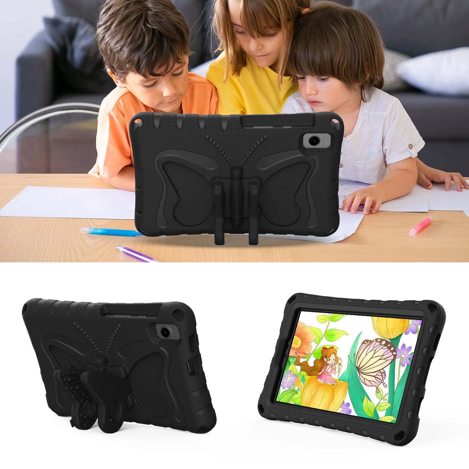 Alt View 2. Dteck - Kids Case for Samsung Galaxy Tab A9 & Tab A11 & Lenovo Tab One 8.7"2025 (TB305FU),Shockproof EVA Stand Cover+Strap - Black.