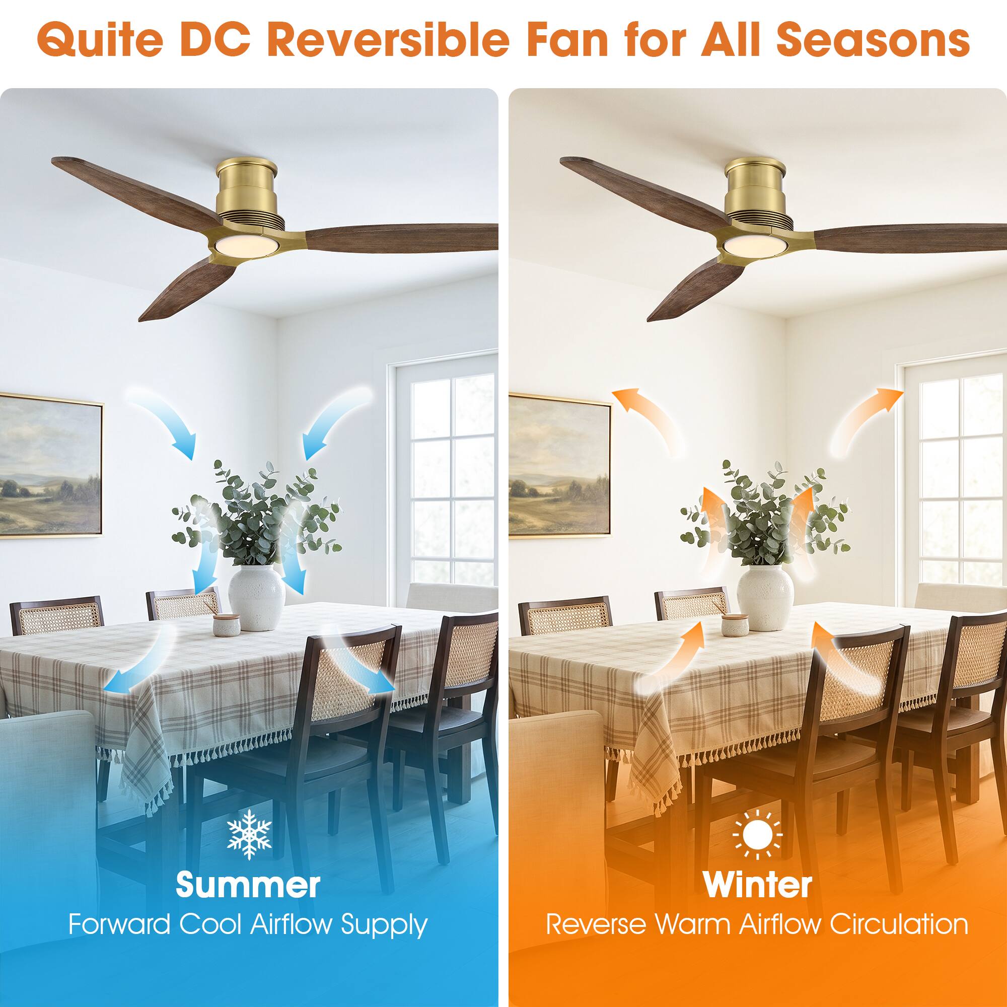 Quite DC Reversible Fan for All Seasons

Summer: Forward Cool Airflow Supply

Winter: Reverse Warm Airflow Circulation