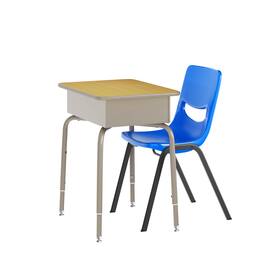 Emma + Oliver - Jacobs Desk/Chair Set with Metal Open Front Storage Box, Desktop, Metal Frame and Stackable Flex Comfort Classroom Chair - Maple Top/Navy Chair
