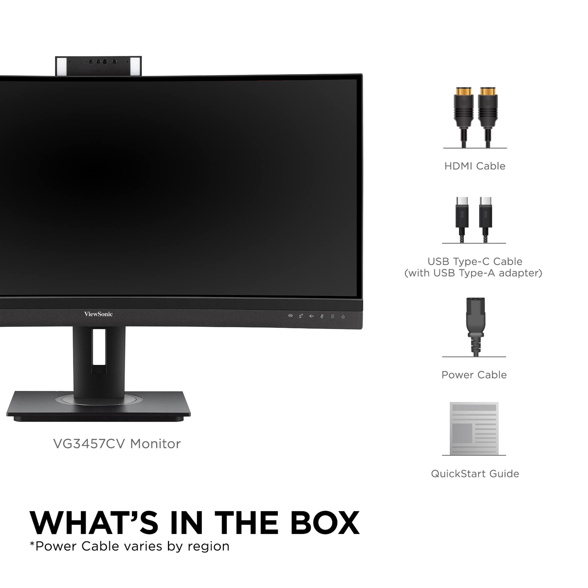 The text on the image is grouped and corrected as follows:
* What's in the box: Power Cable varies by region
* QuickStart Guide
* USB Type-C Cable (with USB Type-A adapter)
* HDMI Cable
* Power Cable
* VG3457CV Monitor
* ViewSonic