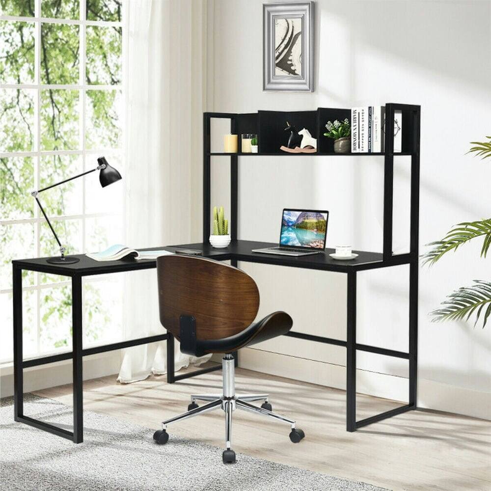 Alt View 6. Pefilos - Reversible L-Shaped Corner Desk with Storage Bookshelf-Black, Office Desk, Gaming Computer Desks for Study, Working - Black.