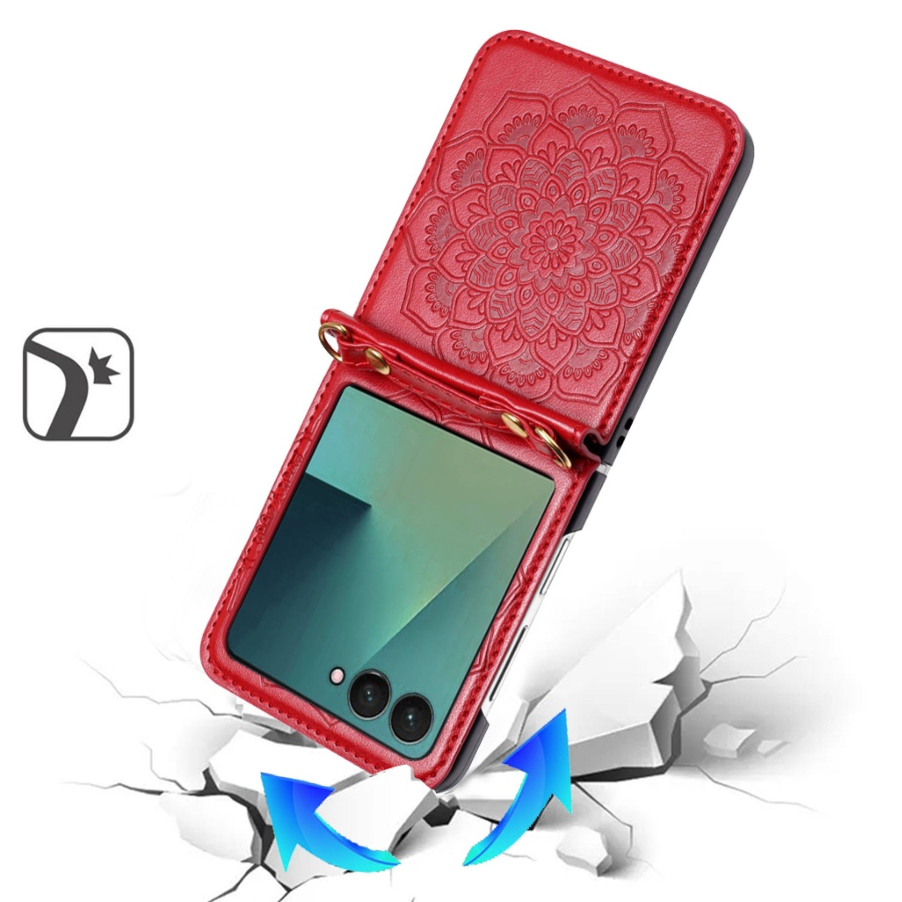 Left. Kitcheniva - Embossed Design Vegan Leather Case With Tempered Glass For Samsung Galaxy Z Flip7 Red - Red.