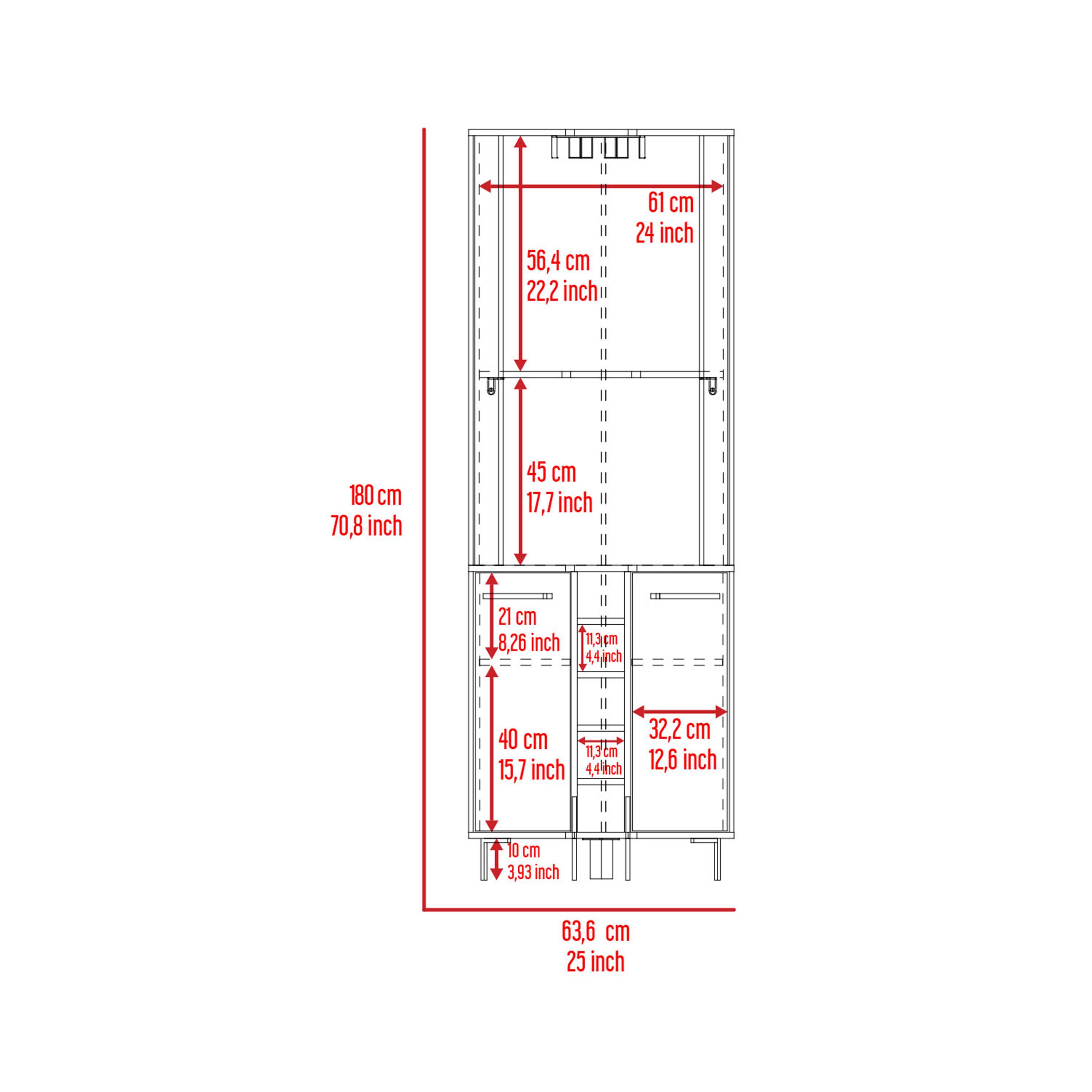 Here is the corrected and grouped text from the image:

- **Height:**
  - 180 cm
  - 70.8 inch

- **Width:**
  - 61 cm
  - 24 inch

- **Depth:**
  - 56.4 cm
  - 22.2 inch

- **Shelf Spacing:**
  - 45 cm
  - 17.7 inch

- **Shelf Dimensions:**
  - 21 cm
  - 8.26 inch
  - 40 cm
  - 15.7 inch

- **Additional Dimensions:**
  - 10 cm
  - 3.93 inch
  - 32.2 cm
  - 12.6 inch

- **Total Width:**
  - 63.6 cm
  - 25 inch