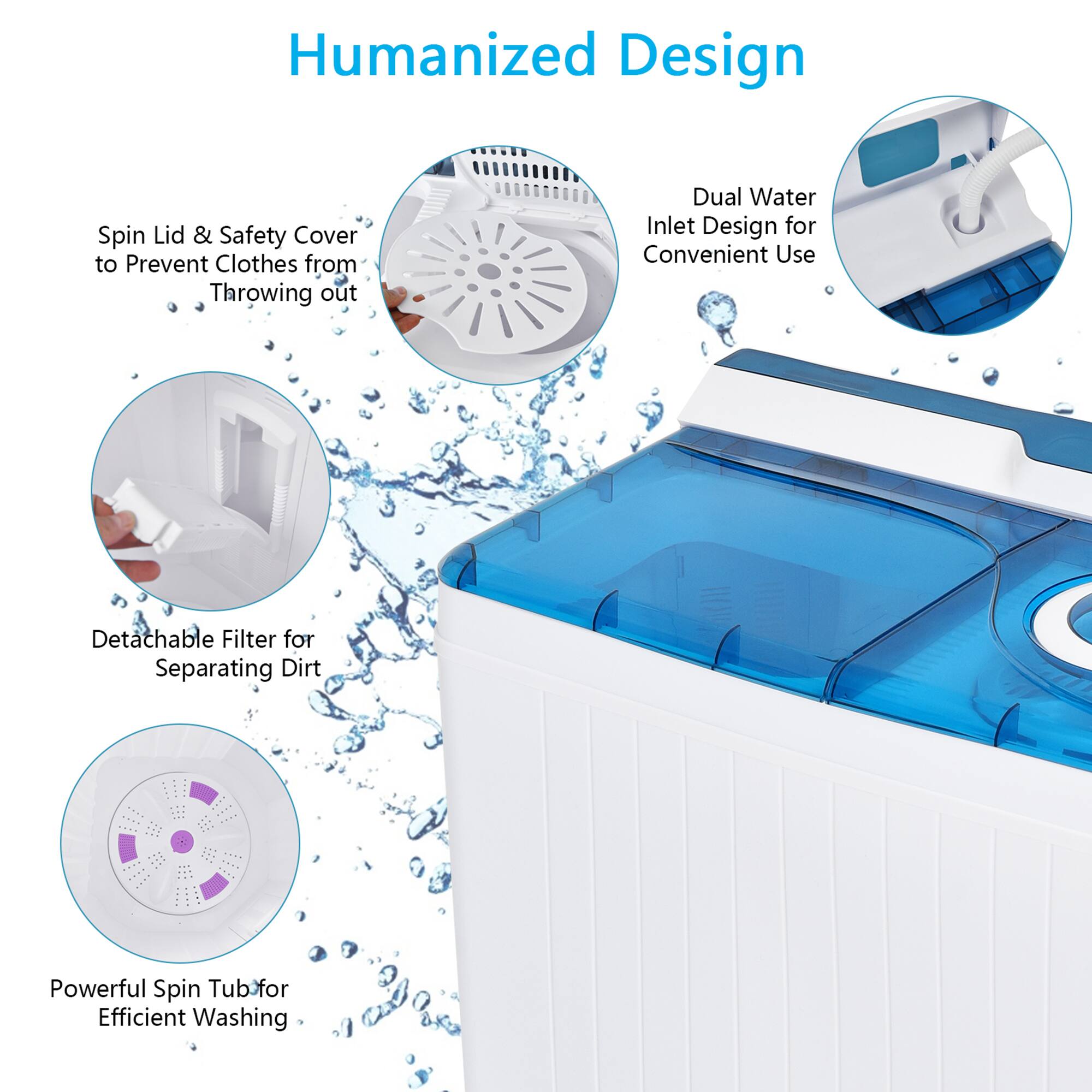 Humanized Design

- Spin Lid & Safety Cover to Prevent Clothes from Throwing out
- Dual Water Inlet Design for Convenient Use
- Detachable Filter for Separating Dirt
- Powerful Spin Tub for Efficient Washing