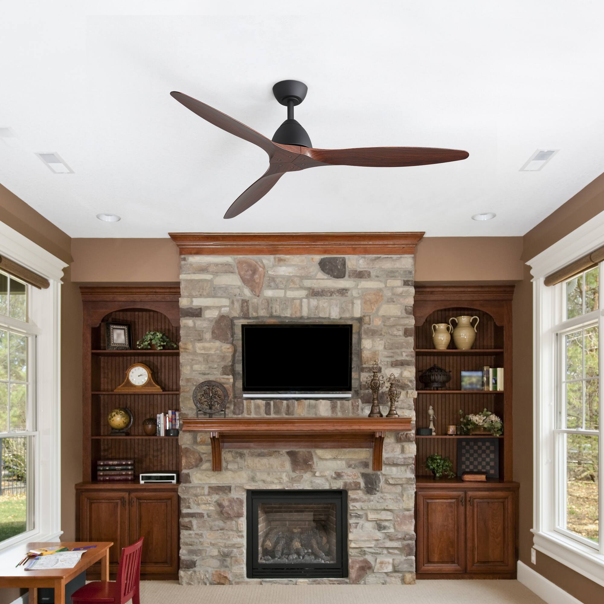Alt View 1. Breezary - 56-Inch Modern Ceiling Fan with 3 Reversible ABS Blades, 6-Speed Quiet DC Motor, Timer, 6" Downrod Mount - Black and Double-sided wood-grain.