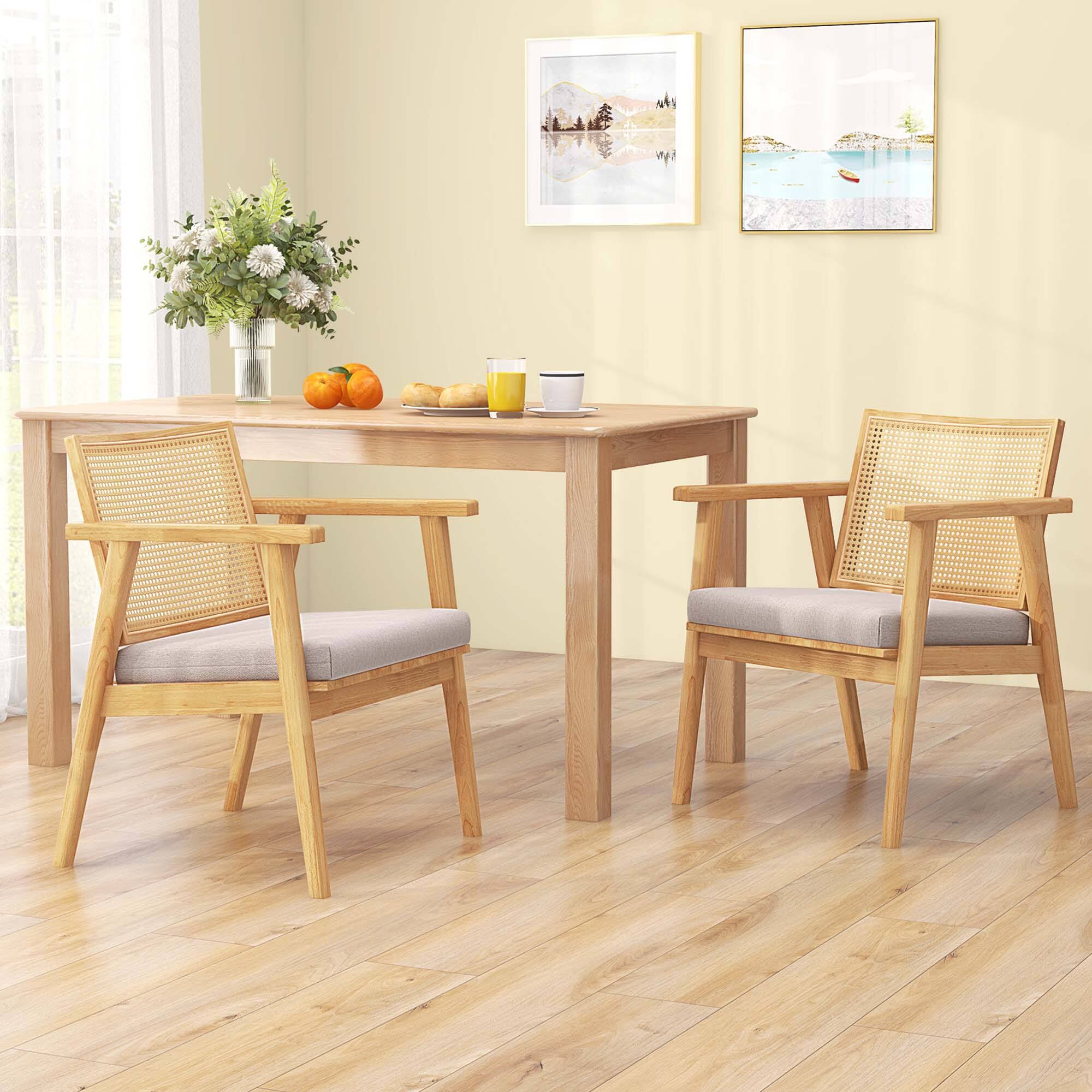 Back. Costway - Mid Century Modern Accent Chairs Set of 4 with Breathable Rattan Back Dining Room - Natural.