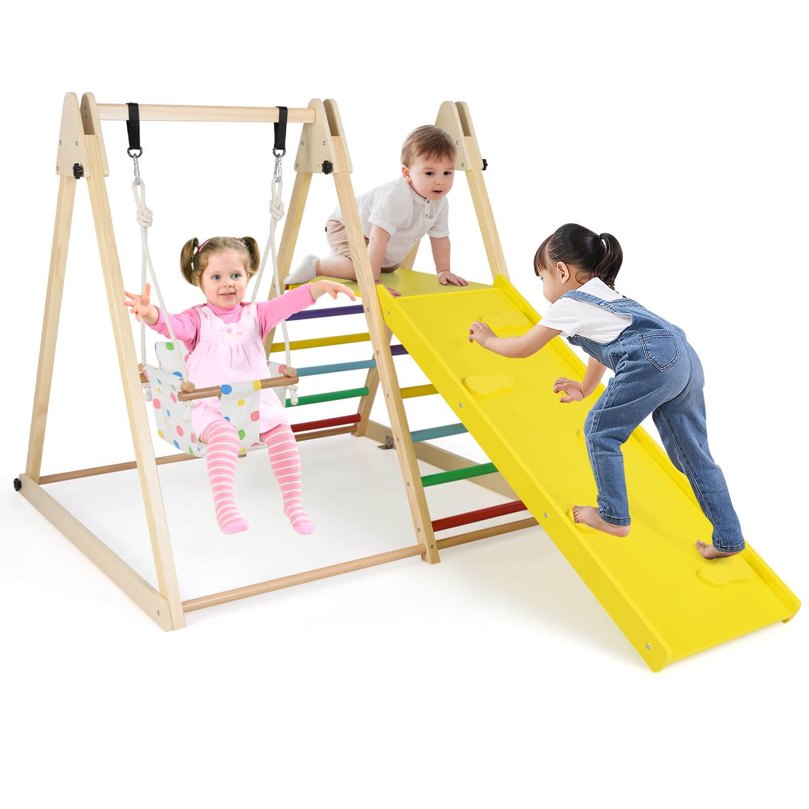 Front. Costway - Costway 4-in-1 Indoor Jungle Gym with Baby Swing, Climber, Ladder and Resting Platform - Yellow.