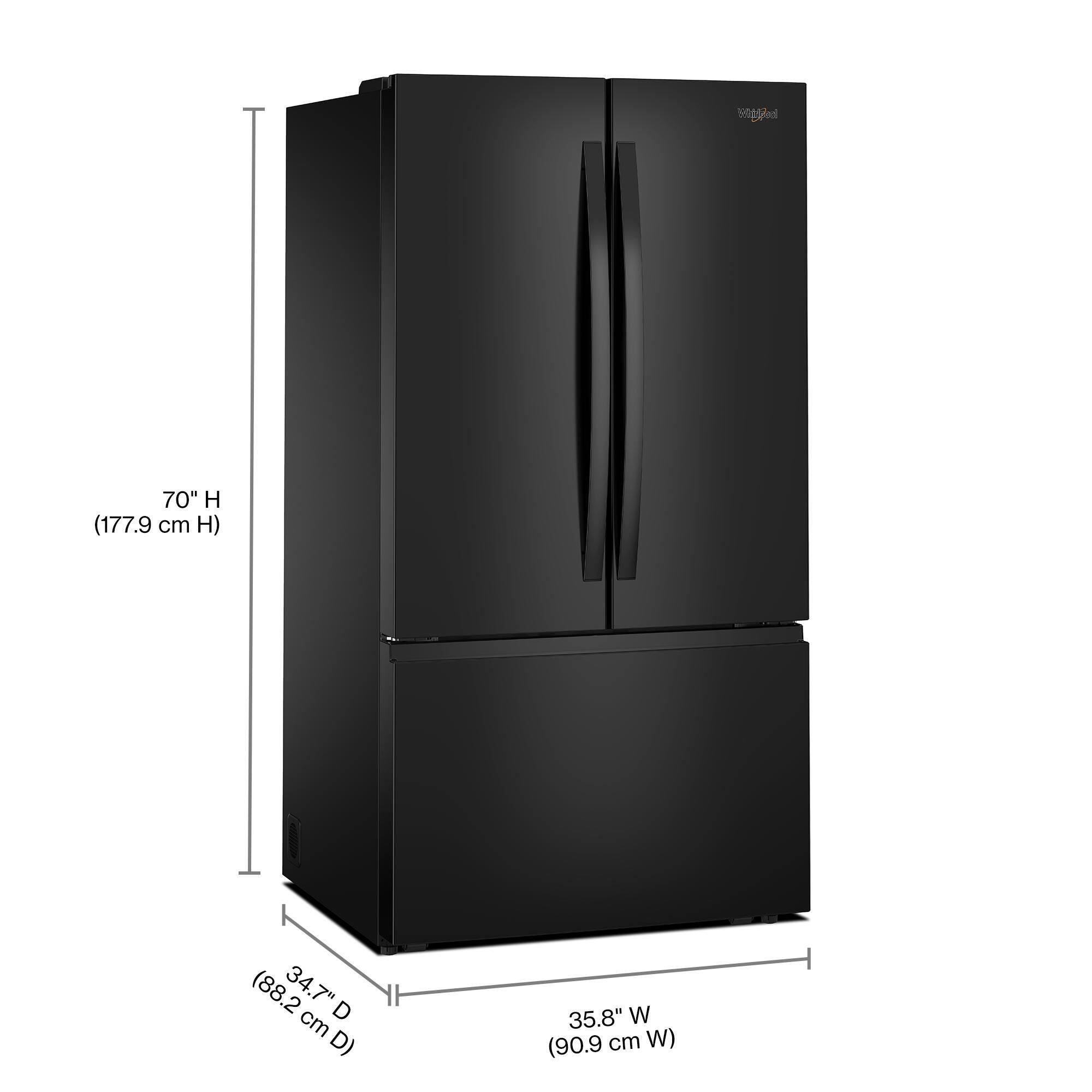 The text on the image reads: "10gocl 70" H (177.9 cm H) (88.2 34. 7" 2 D cm D) 35.8" W (90.9 cm W)." This information is likely related to the dimensions and specifications of a refrigerator.