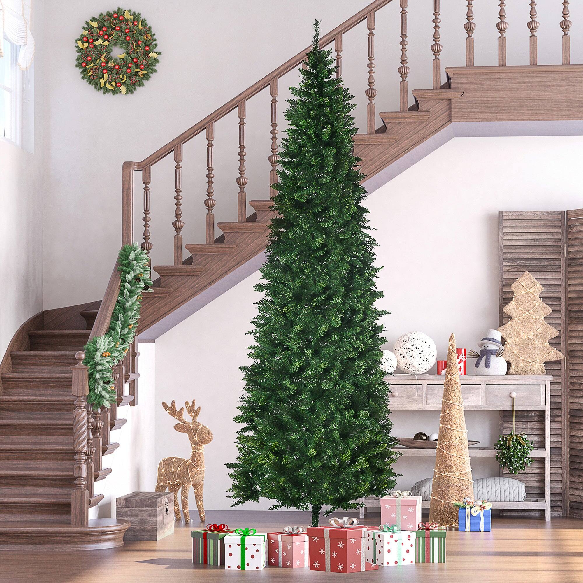 Angle. BreeBe - 9ft Tall Pencil Artificial Christmas Tree Holiday DÃ©cor with 1298 Branches - Green.