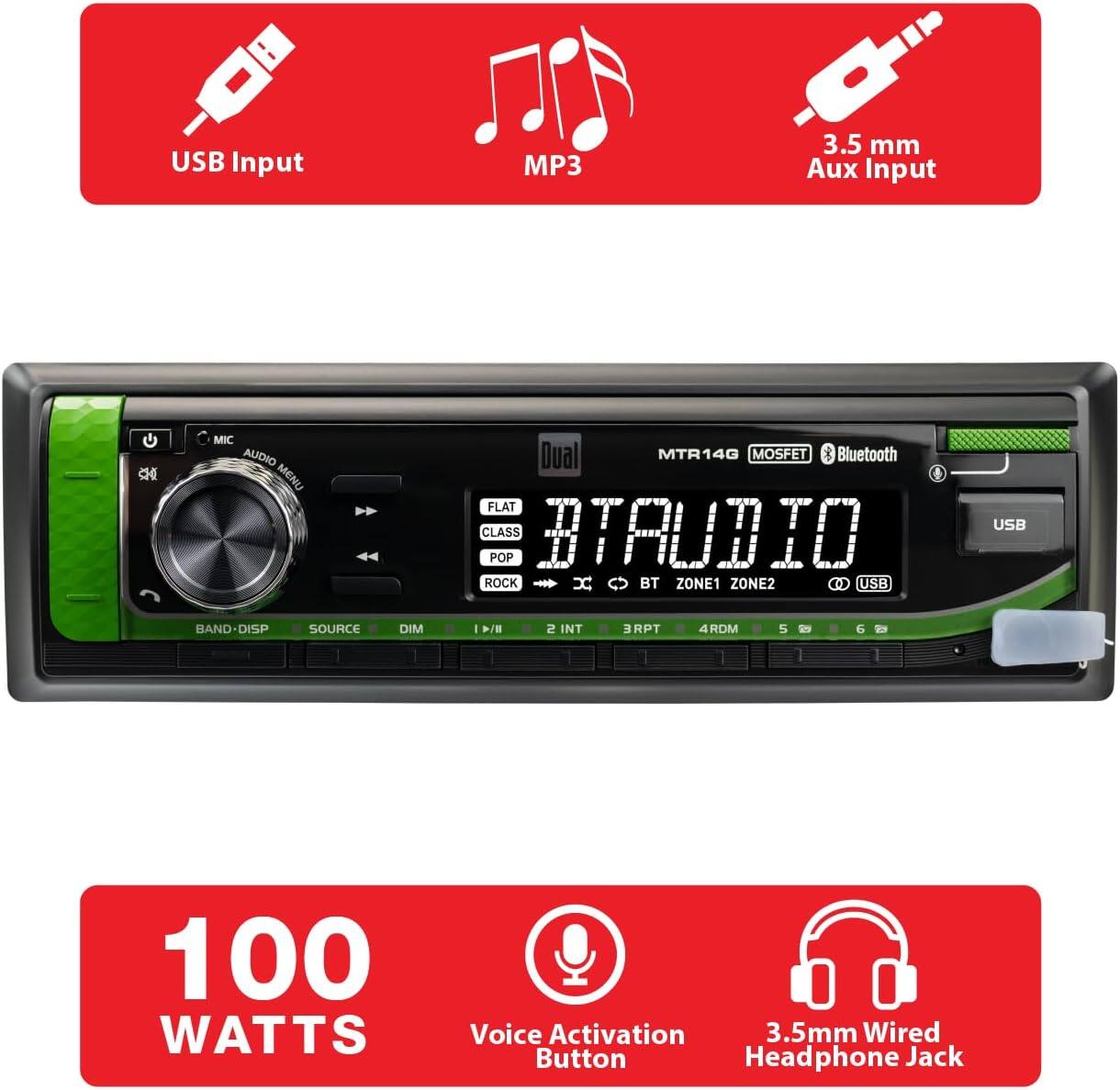 USB Input  
MP3  
3.5 mm Aux Input  

Dual MTR14G MOSFET Bluetooth  
FLAT CLASS BTAUDIO  
POP ROCK  

USB  
BAND-DISP  
SOURCE  
DIM  
I / 2  
INT  
3RPT  
4RDM  
5  
6  

100 WATTS  
Voice Activation  
3.5mm Wired Button Headphone Jack