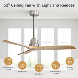 Sofucor - 52'' Solid Wood Ceiling Fans No Light-Outdoor Ceiling Fan with Remote Reversible DC for Bedroom Indoor Patios Farmhouse - Nickel-Burley Wood