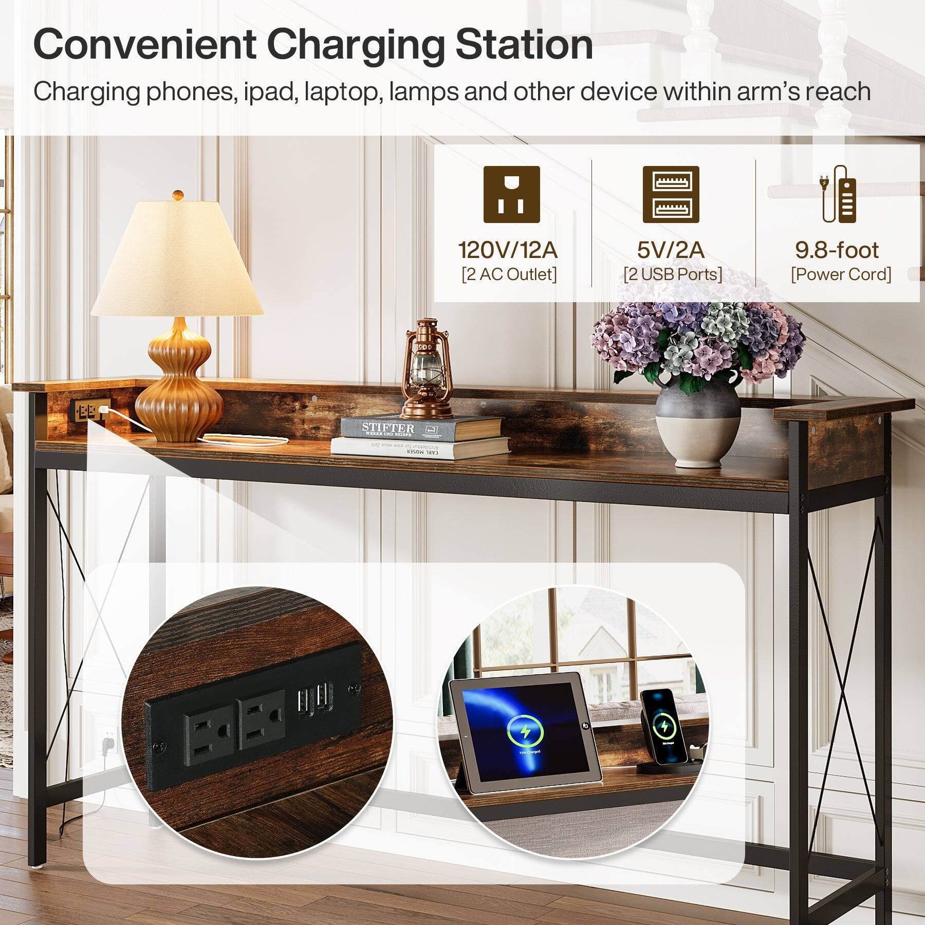 Convenient Charging Station  
Charging phones, ipad, laptop, lamps and other device within arm's reach

120V/12A [2 AC Outlet]  
5V/2A [2 USB Ports]  
9.8-foot [Power Cord]