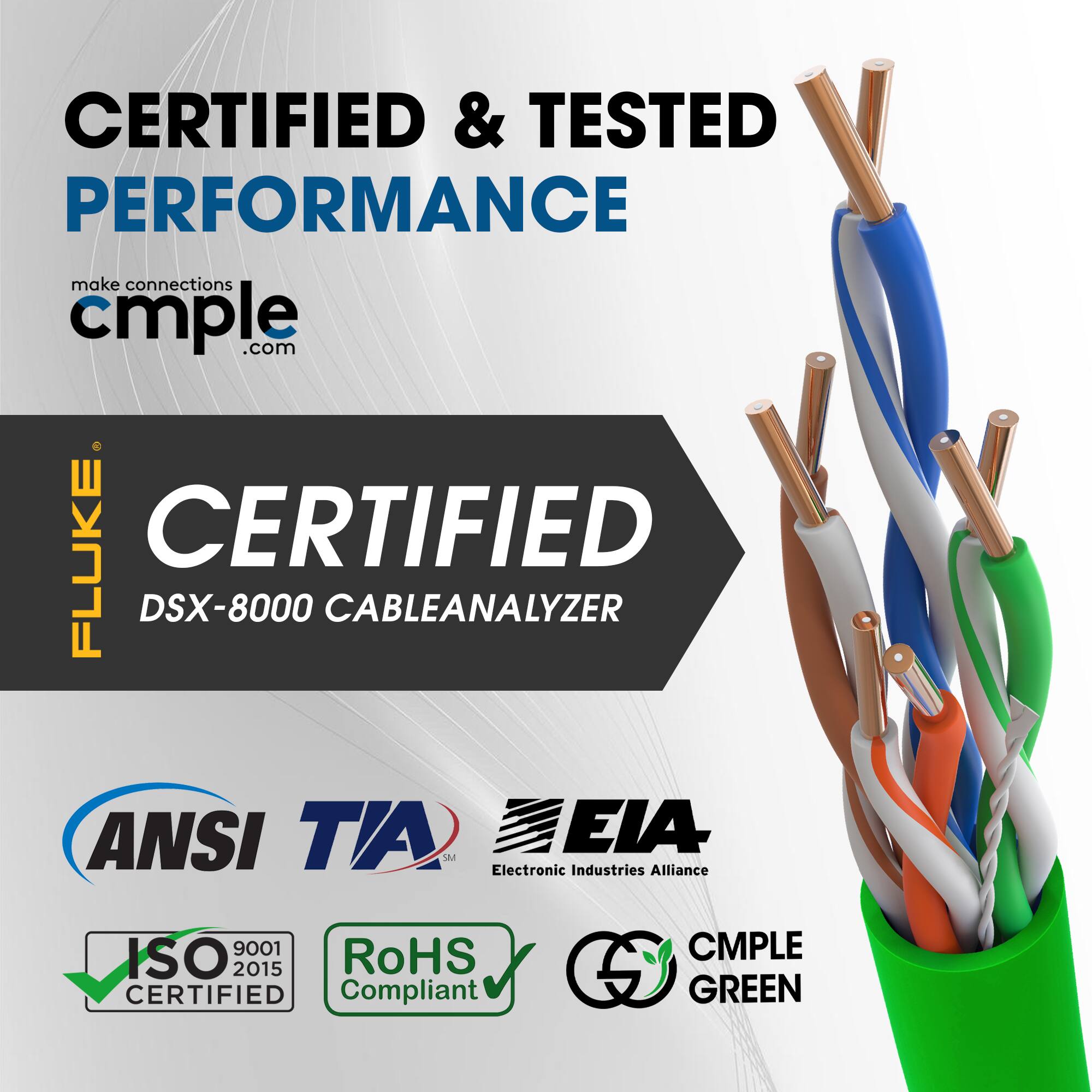 CERTIFIED & TESTED PERFORMANCE  
make connections cmple.com  

CERTIFIED  
DSX-8000 CABLEANALYZER  

ANSI TIA  
Electronic Industries Alliance  

ISO 9001 2015  
RoHS CERTIFIED Compliant  

CMPLE GREEN