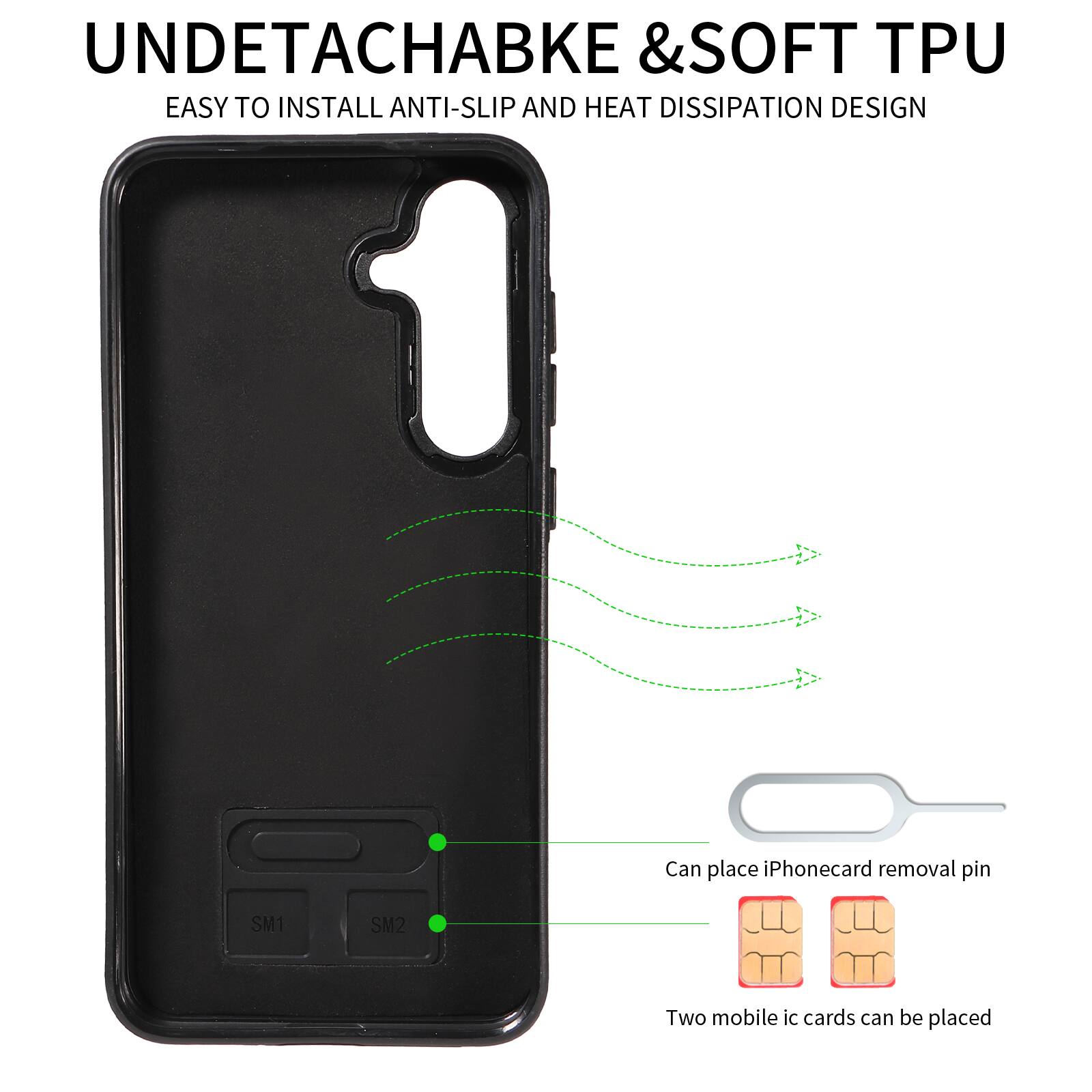 UNDETACHABLE & SOFT TPU  
EASY TO INSTALL ANTI-SLIP AND HEAT DISSIPATION DESIGN  
Can place iPhone card removal pin  
SM1 SM2  
Two mobile ic cards can be placed