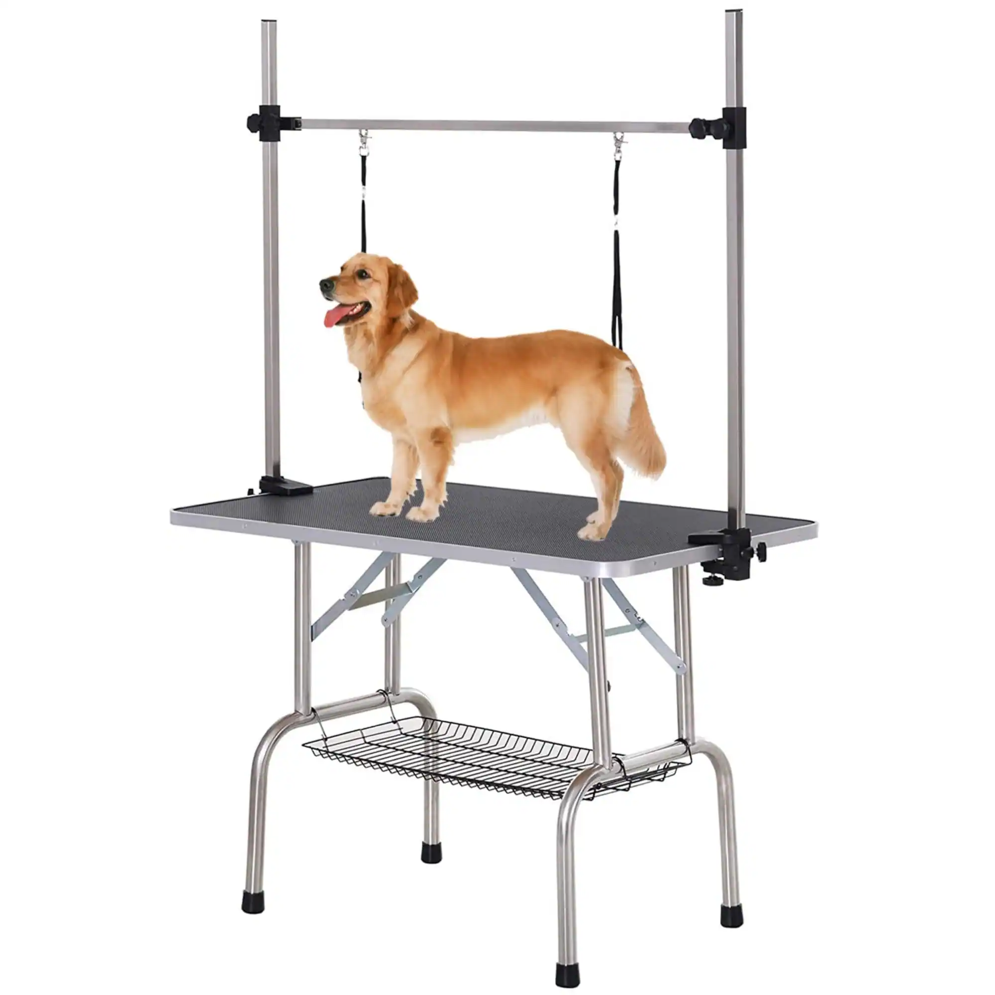 Glintex - 36" Stainless steel Folding Pet Grooming Table,Dressing Table,Adjustable Arm and Storage Basket for Home and Pet Salon