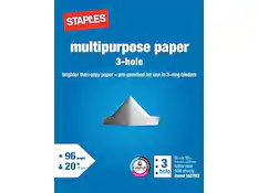 STAPLES multipurpose paper
3-hole
brighter than copy paper - pre-punched for use in 3-ring binders
96 bright
20 lb
8.5 x 11 in
letter size
500 sheets
3 hole
Item 562783