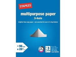 Staples - 8.5" x 11" 3-Hole Punch Multipurpose Paper, 20 lbs., 96 Brightness, 500/Ream - White