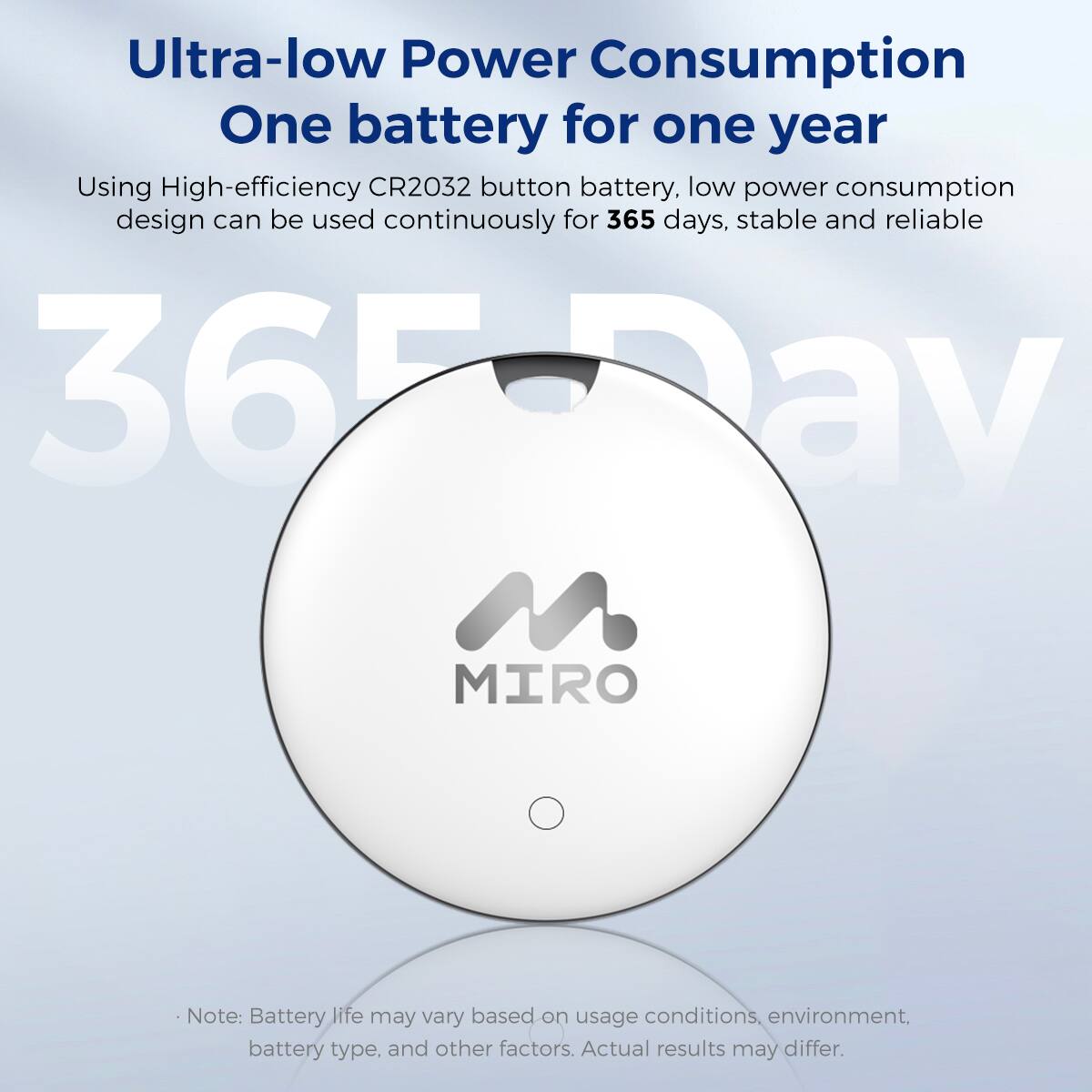 Ultra-low Power Consumption One battery for one year
Using High-efficiency CR2032 button battery, low power consumption design can be used continuously for 365 days, stable and reliable
365 Day
MIRO
Note: Battery life may vary based on usage conditions, environment, battery type, and other factors. Actual results may differ.