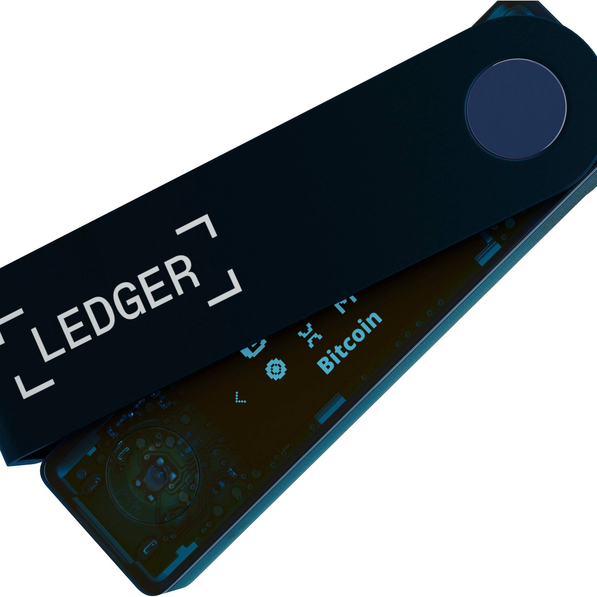 The text on the image reads "LEDGER L" and "17" on a Bitcoin.