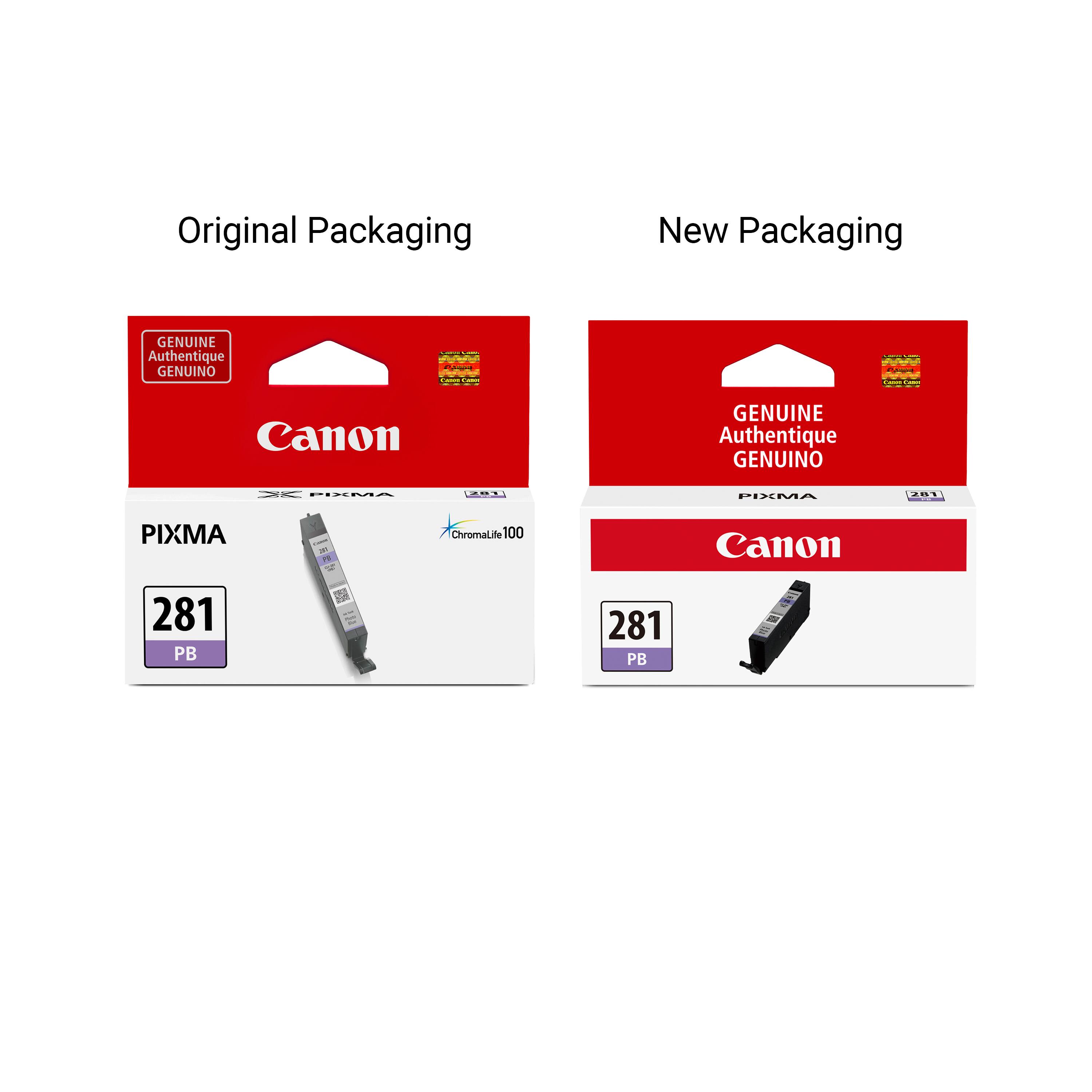 Original Packaging  
New Packaging  

GENUINE Authentique GENUINO  
Canon  

PIXMA  
ChromaLife 100  

281 PB  

281 PB