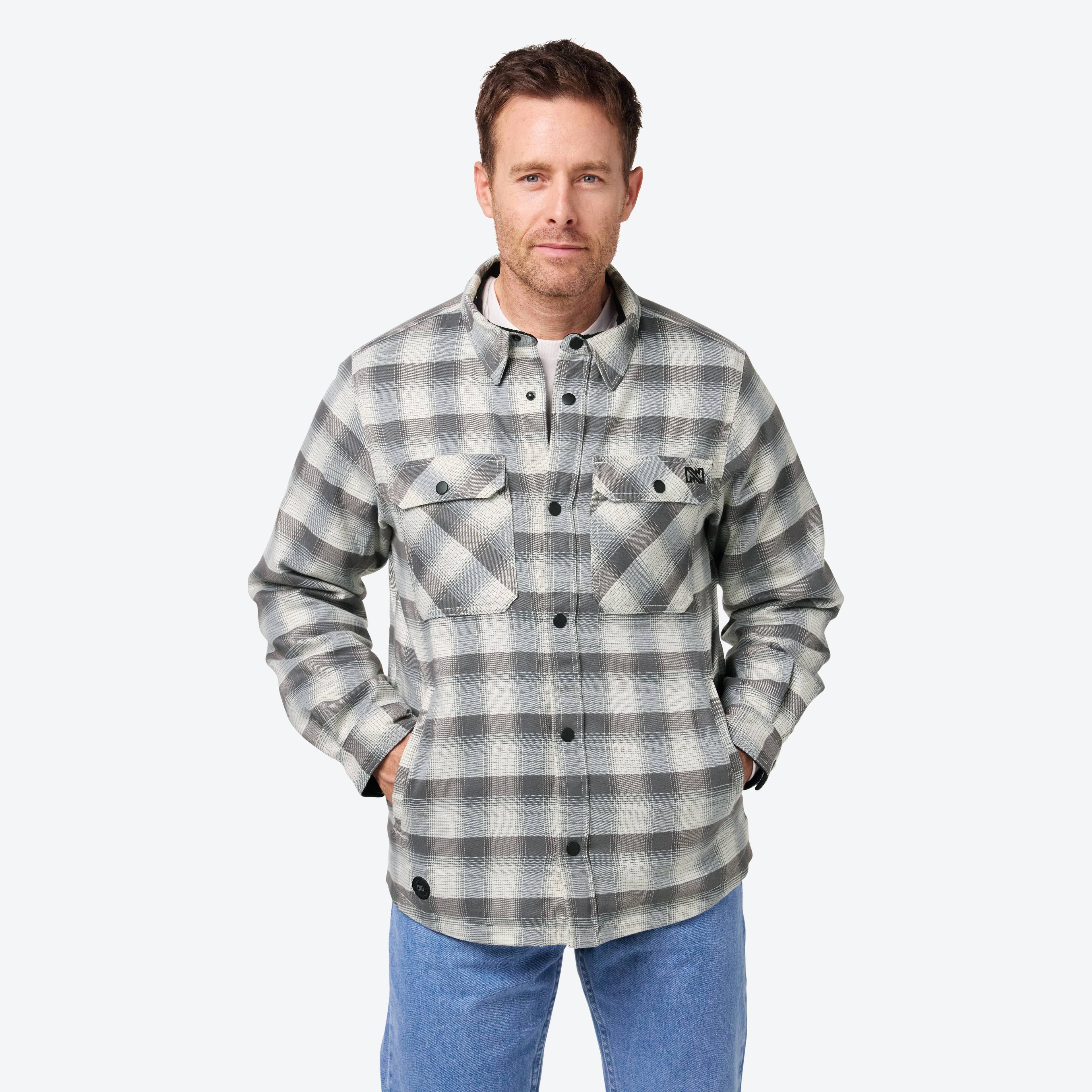 Front. Mobile Warming - Men's Flannel Heated Jacket - Cream/Grey.