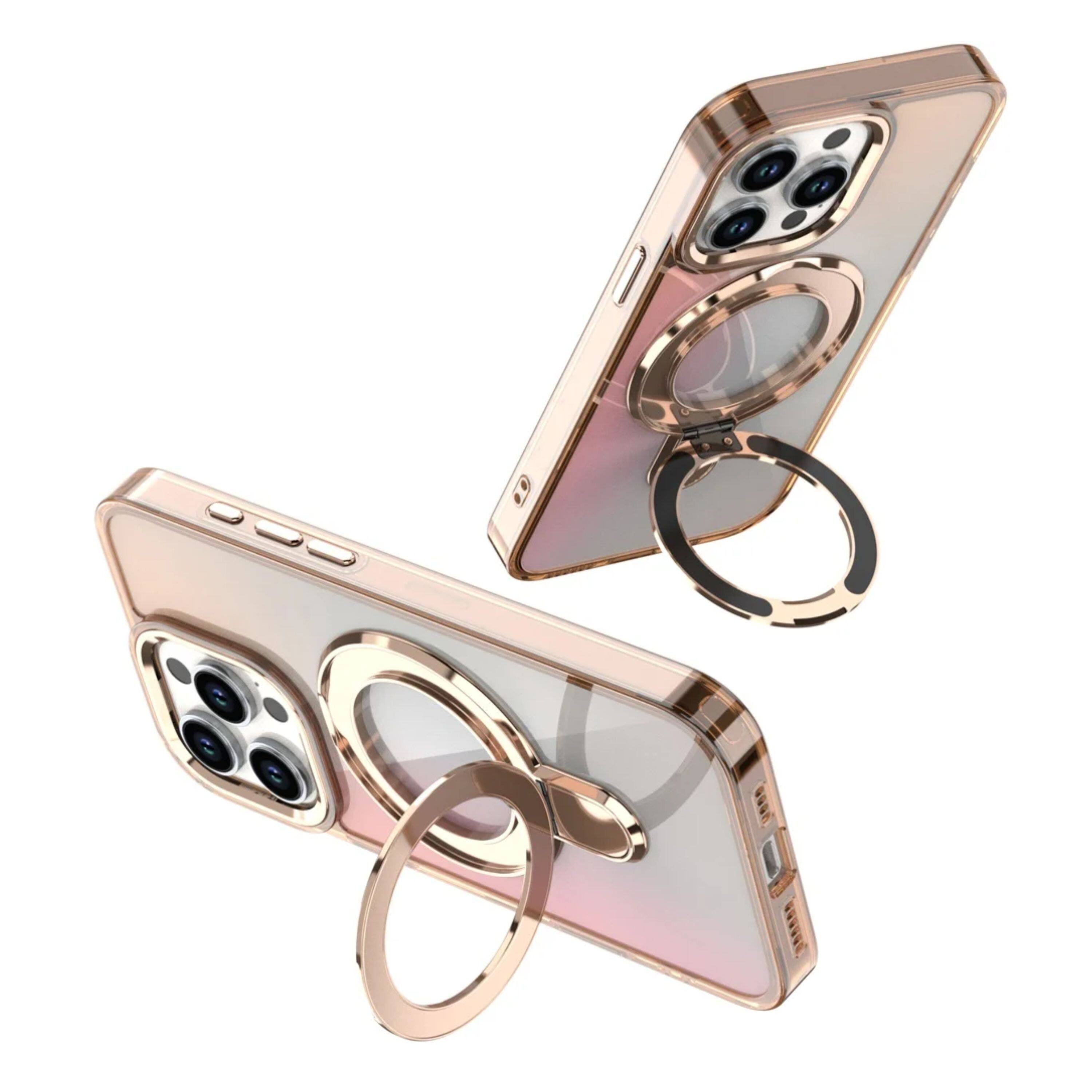 Angle. Kitcheniva - Radiant Chrome Magnet Circle Stand Phone Case With 2 Pcs Tempered Glass For iPhone 15 Pro Max Desert Titanium - Desert Titanium.