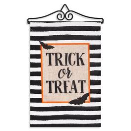 G128 - Garden Flag Hanger 14.2-inch with 12x18-inch Double-Sided Burlap Flag - Trick or Treat Bats & Stripes - Black and White