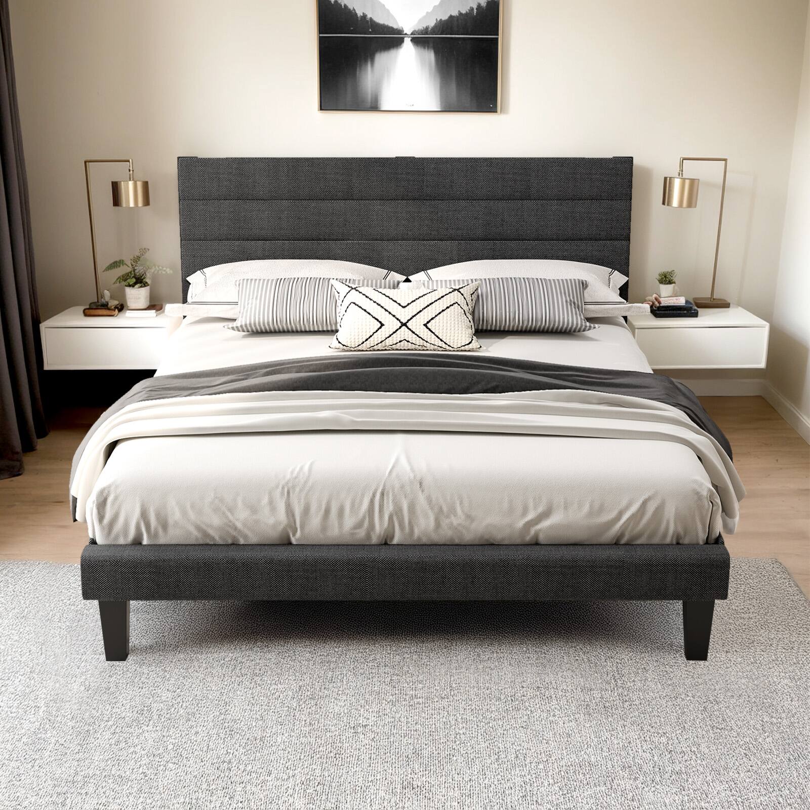 Alt View 5. Winado - Full Bed Frame for Kids with Headboard Wooden Slats Mattress Foundation with Cozy Linen Upholstered No Box Spring Needed - Linen Gray.