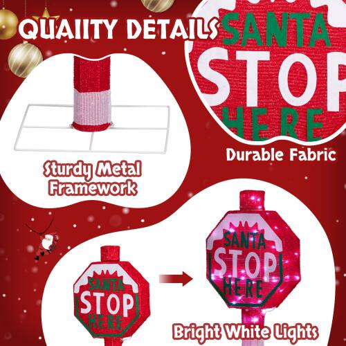 Sure, here is the corrected and grouped text from the image:

---

**QUALITY DETAILS**

- **Sturdy Metal Framework**
- **Durable Fabric**
- **Bright White Lights**

**SANTA STOP HERE**

---