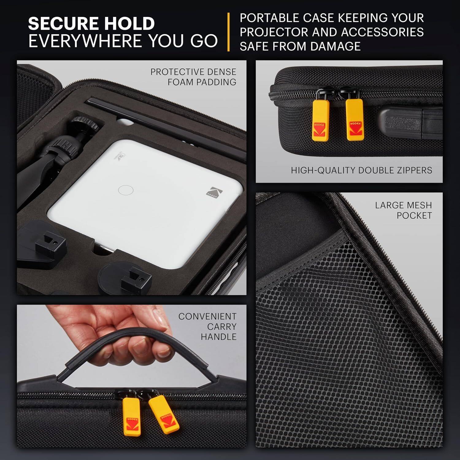 SECURE HOLD EVERYWHERE YOU GO

PORTABLE CASE KEEPING YOUR PROJECTOR AND ACCESSORIES SAFE FROM DAMAGE

PROTECTIVE DENSE FOAM PADDING

HIGH-QUALITY DOUBLE ZIPPERS

LARGE MESH POCKET

CONVENIENT CARRY HANDLE