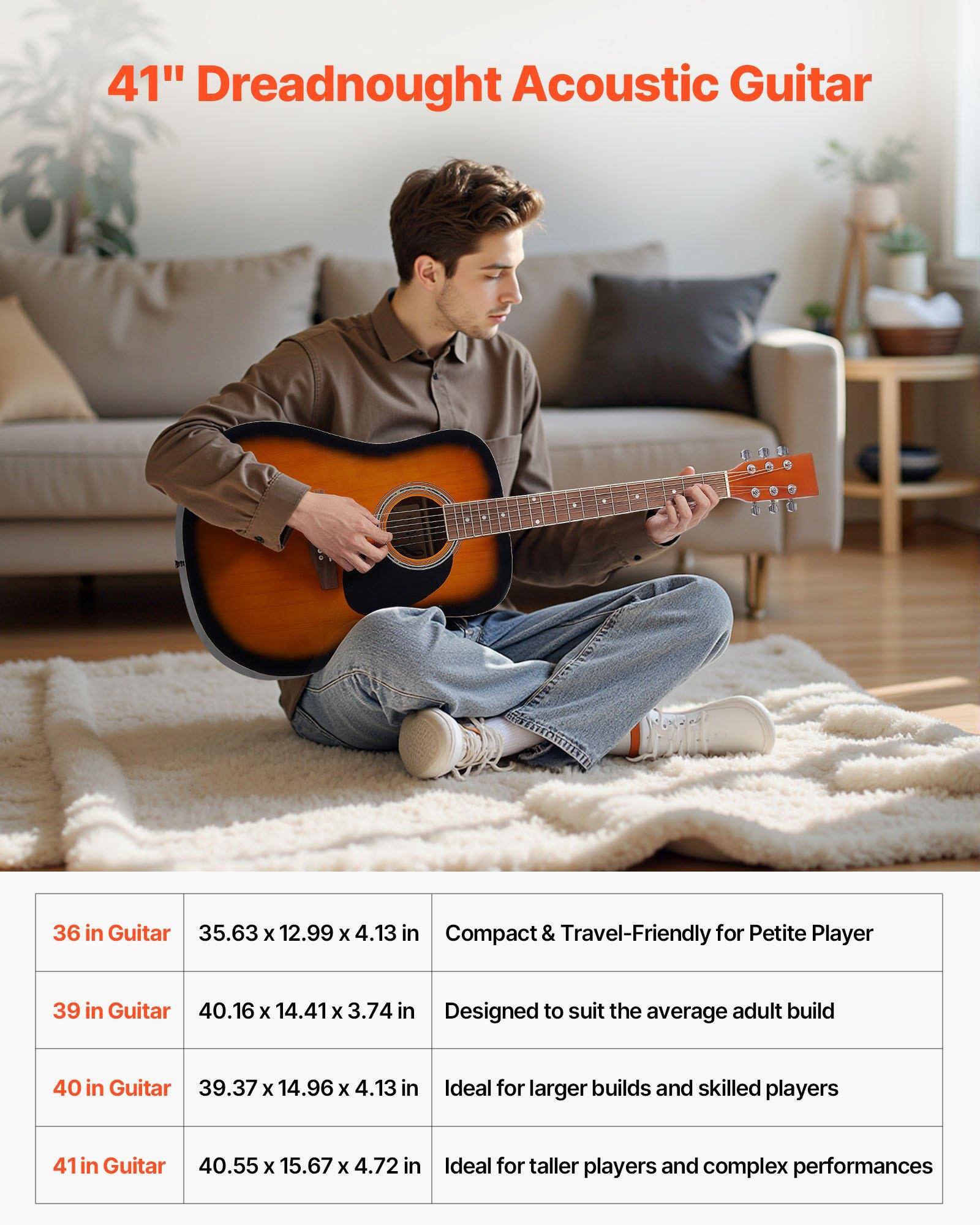 41" Dreadnought Acoustic Guitar

- 36 in Guitar: 35.63 x 12.99 x 4.13 in - Compact & Travel-Friendly for Petite Player
- 39 in Guitar: 40.16 x 14.41 x 3.74 in - Designed to suit the average adult build
- 40 in Guitar: 39.37 x 14.96 x 4.13 in - Ideal for larger builds and skilled players
- 41 in Guitar: 40.55 x 15.67 x 4.72 in - Ideal for taller players and complex performances