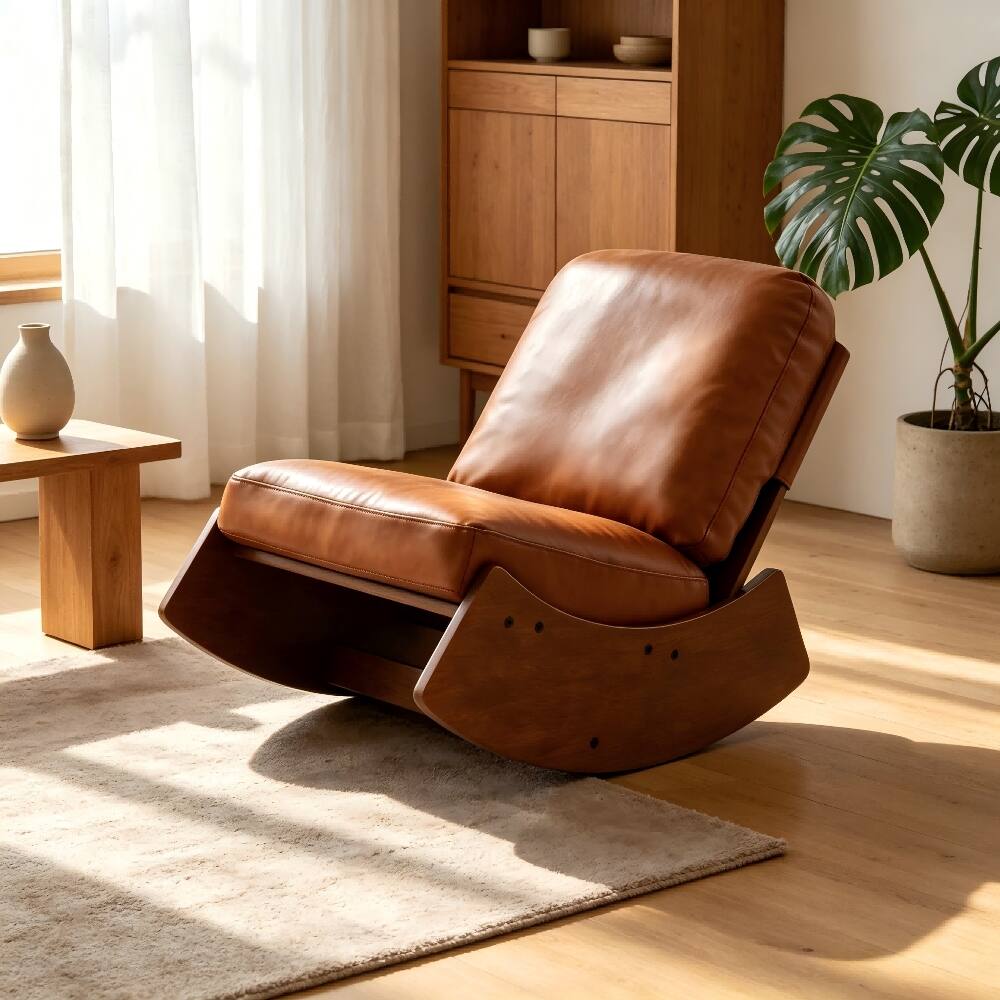 Front. Loheer - Loheer Glider Rocking Chair Solid Wood Faux Leather Nursery Accent Reading Chair Brown - Brown.