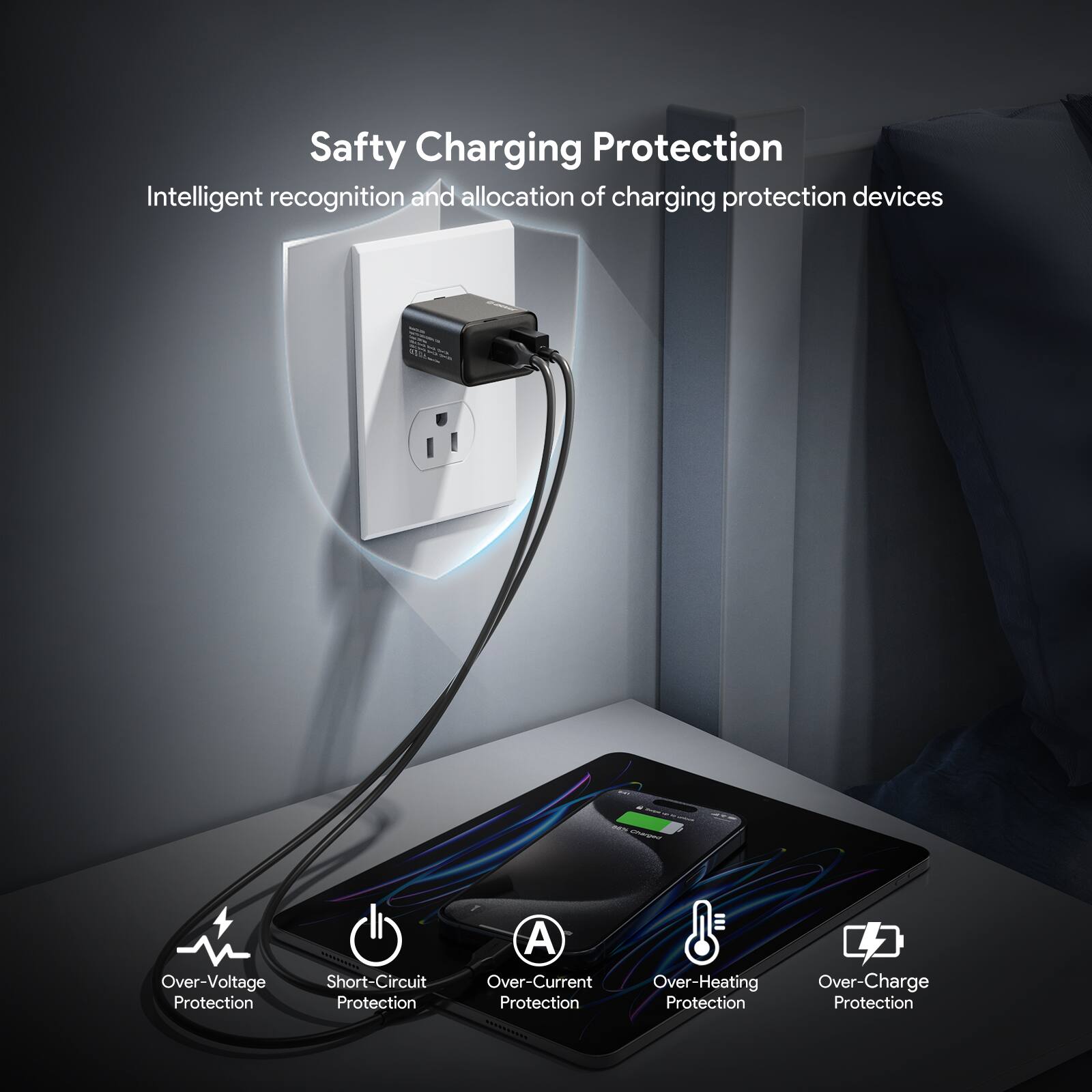 Safety Charging Protection  
Intelligent recognition and allocation of charging protection devices  
A  
Over-Voltage Protection  
Short-Circuit Protection  
Over-Current Protection  
Over-Heating Protection  
Over-Charge Protection