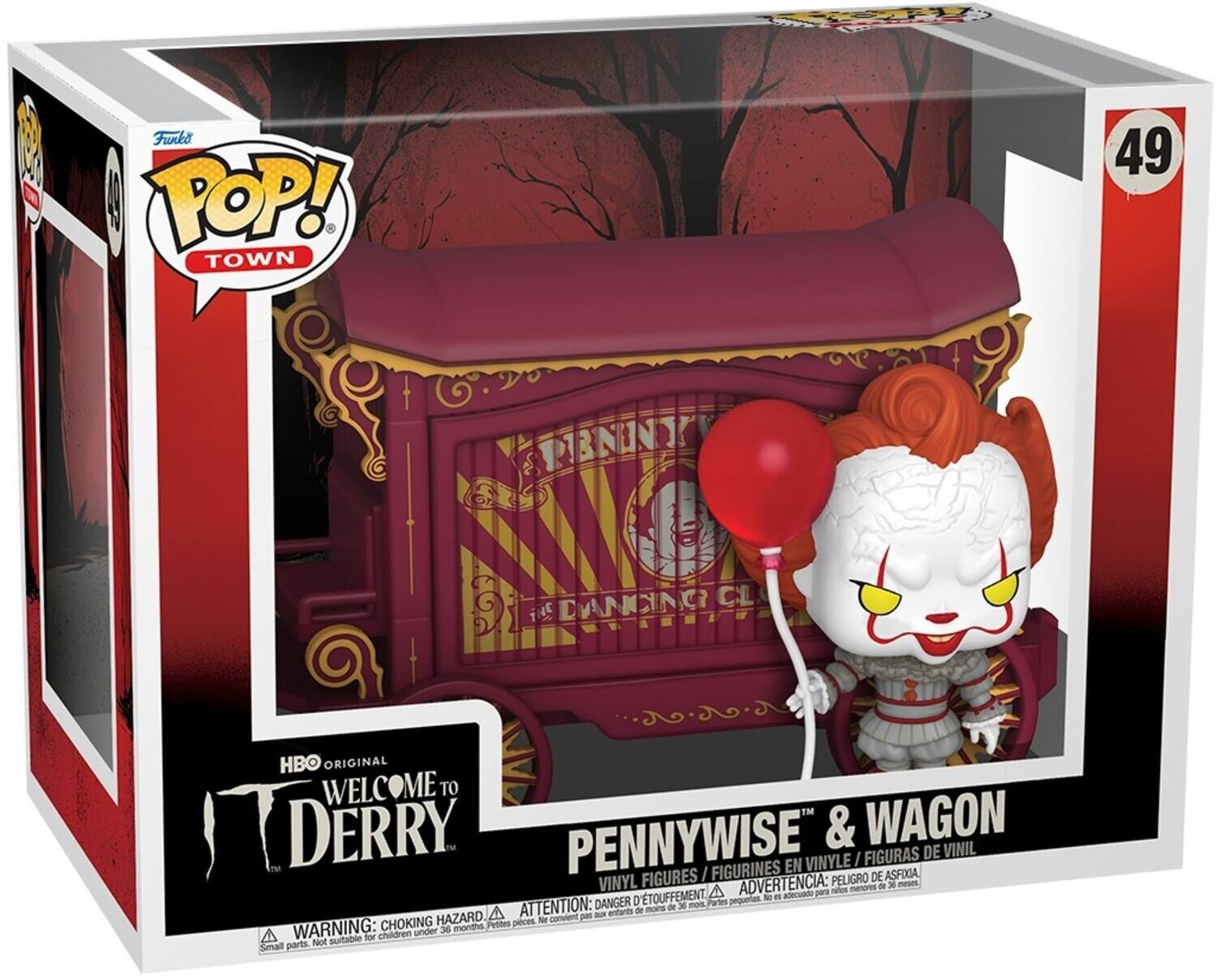 Funko POP! TOWN 49 Pennywise & Wagon  
HBO Original Welcome to Derry  
Vinyl Figures / Figurines en Vinyle / Figurines de Vinyle  
Warning: Choking Hazard - Small parts. Not for children under 3 years.  
Advertencia: Peligro de Asfixia, 3 meses - Adecuado para niños mayores de 3 años.  
Attention: Danger - Convient pas - entarts de petites pièces.