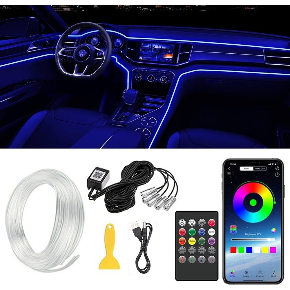 Sure, here is the corrected and grouped text from the image:

---

**Top Section:**

- 75S ESS G 138 RNG Met OM . ON oF RED AE BLUB ME
- Brightness: 87%
- 2d U AE K OE A 1 4 - Mode Custom

---

**Bottom Section:**

- 15:58
- BING
- WHT DM
- Brightness: 87%
- Mode Custom
- Music

---

**Product Components:**

- (Image of LED strips, connectors, and a remote control)

---

This text appears to be related to car interior lighting customization, including brightness settings and color modes.