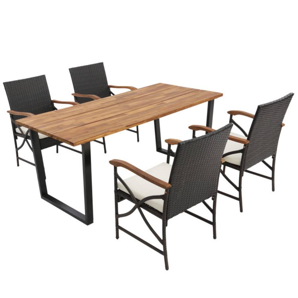 Mondawe - 5 Pieces Patio Rattan Dining Set with Acacia Wood Tabletop and Armrests - Mix Brown