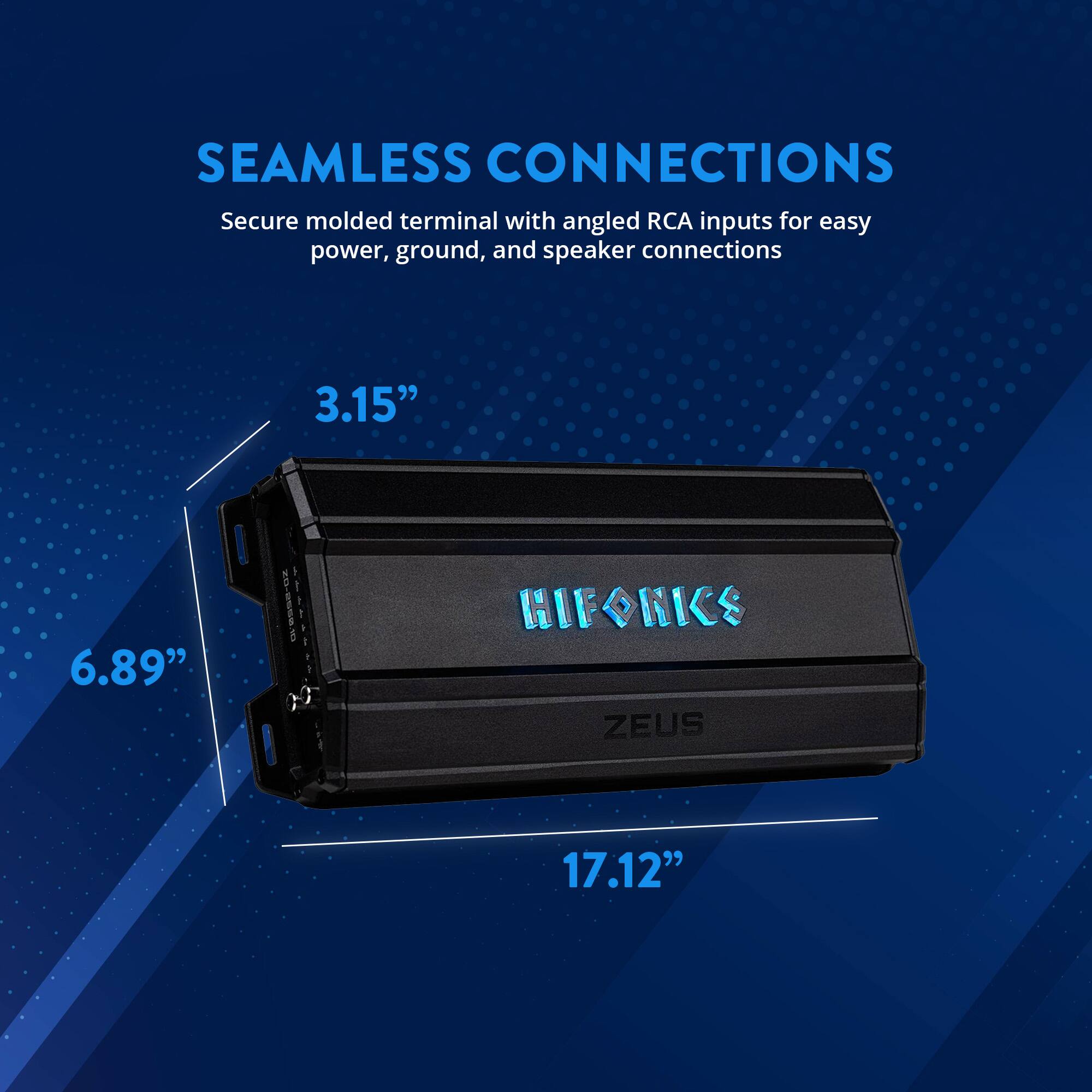 SEAMLESS CONNECTIONS  
Secure molded terminal with angled RCA inputs for easy power, ground, and speaker connections  

3.15"  
6.89"  
17.12"  

HIFORICS  
ZEUS