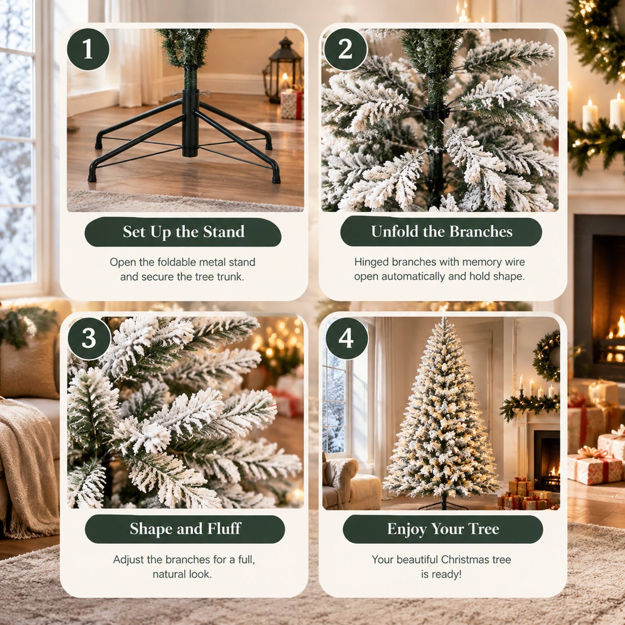 1. Set Up the Stand
   - Open the foldable metal stand and secure the tree trunk.

2. Unfold the Branches
   - Hinged branches with memory wire open automatically and hold shape.

3. Shape and Fluff
   - Adjust the branches for a full, natural look.

4. Enjoy Your Tree
   - Your beautiful Christmas tree is ready!