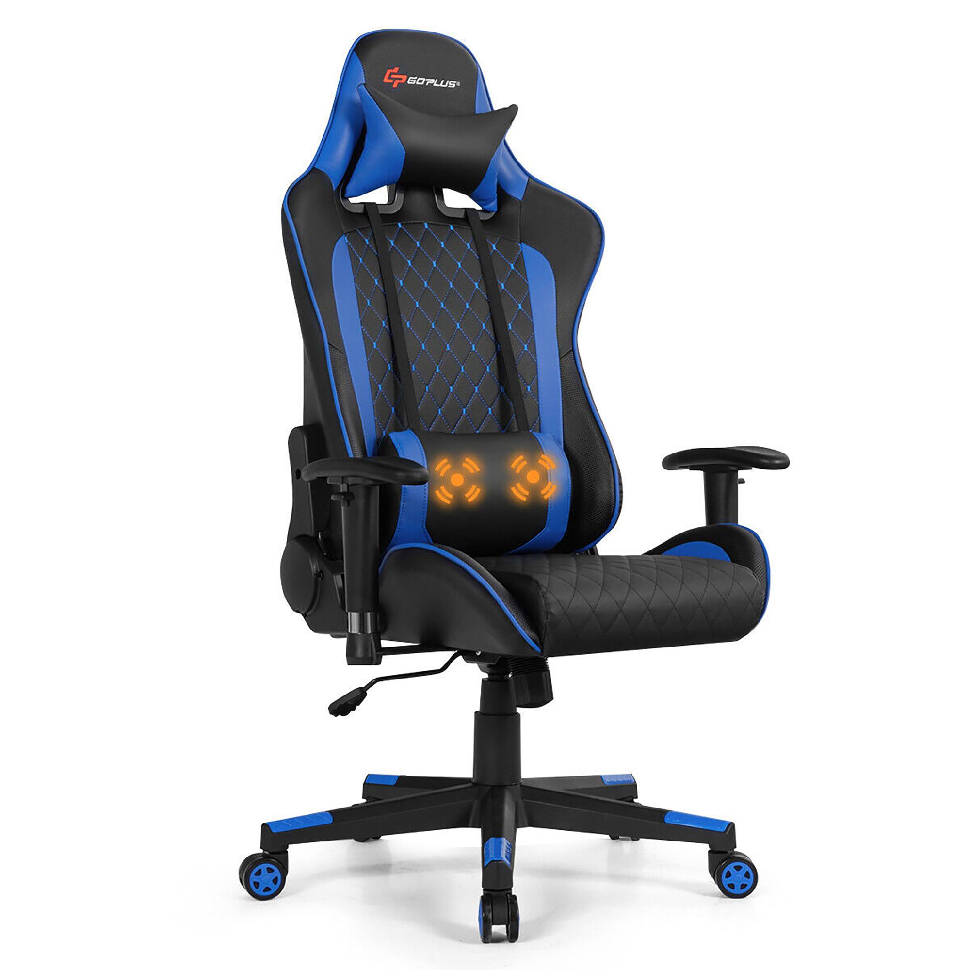 Costway - Racing Massage Gaming Chair with Lumbar Support - Blue + Black