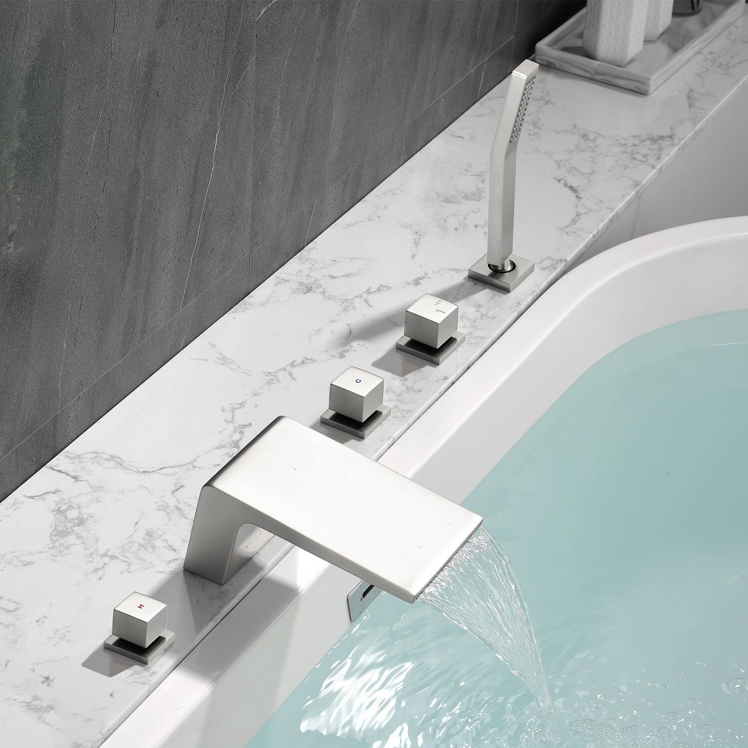 Alt View 9. Boyel Living - 4.72 in.W Brushed Nickel Bathtub Hot and Cold Water Faucet with Handheld Shower and Waterfall Outlet 5-Hole - Brushed Nickel.