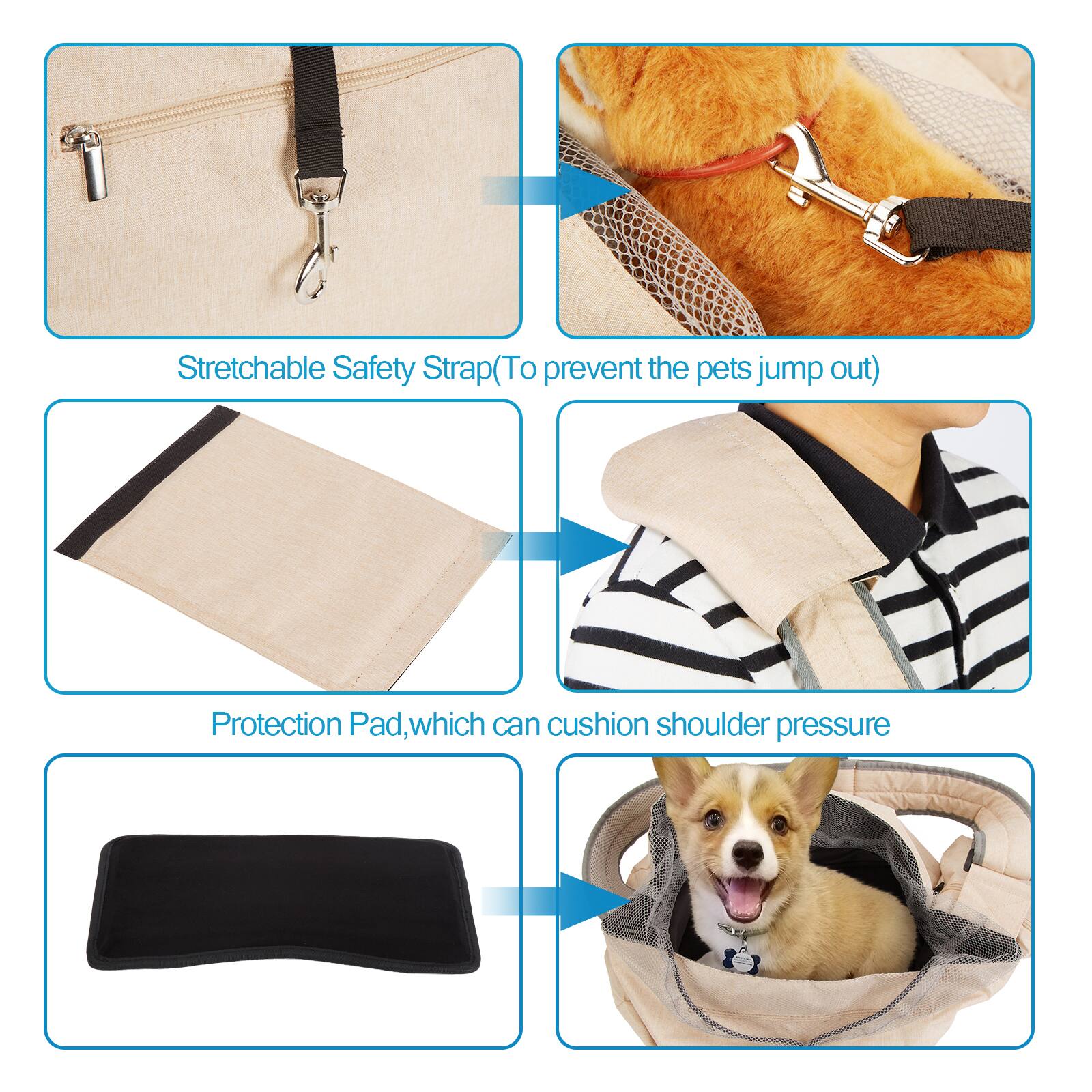 - Stretchable Safety Strap (To prevent the pets jump out)
- Protection Pad, which can cushion shoulder pressure
