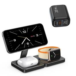 SKRAN - 3-in-1 Portable Wireless Charger With Charging Port - Folding Charging Base for Apple, Charger for Headphones and Watch - Black